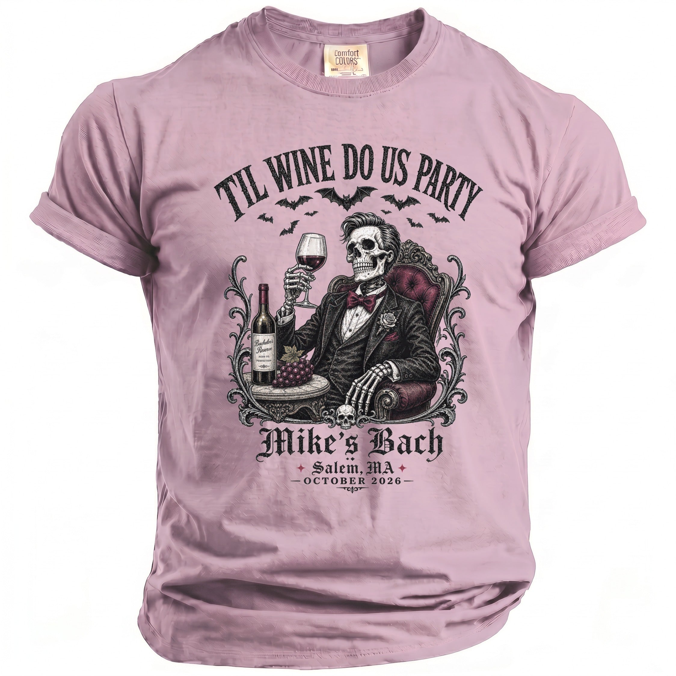 Skeleton in suit holds wine glass; text says "Til Wine Do Us Party, Mike's Bach, Salem, MA - October 2026".