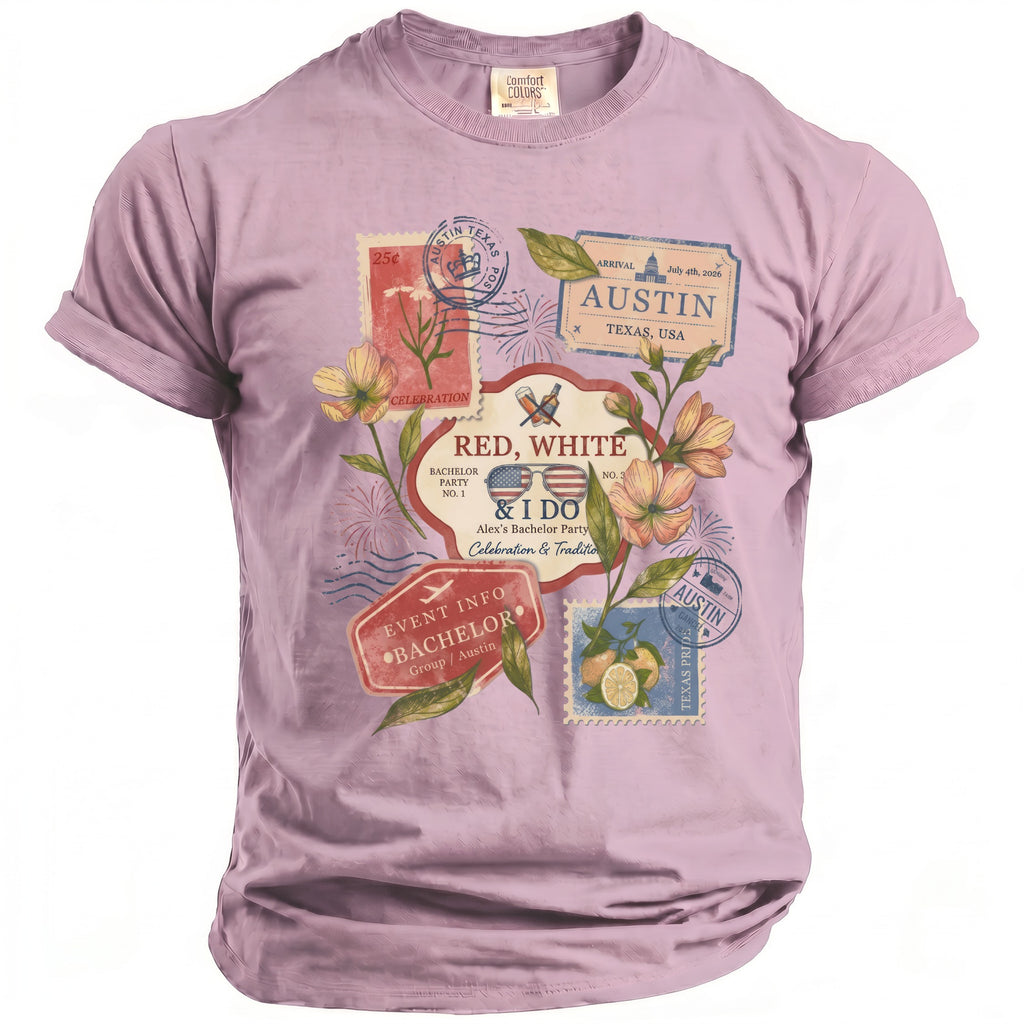 Austin bachelor party t-shirt design with stamps, fireworks, flowers, and sunglasses.