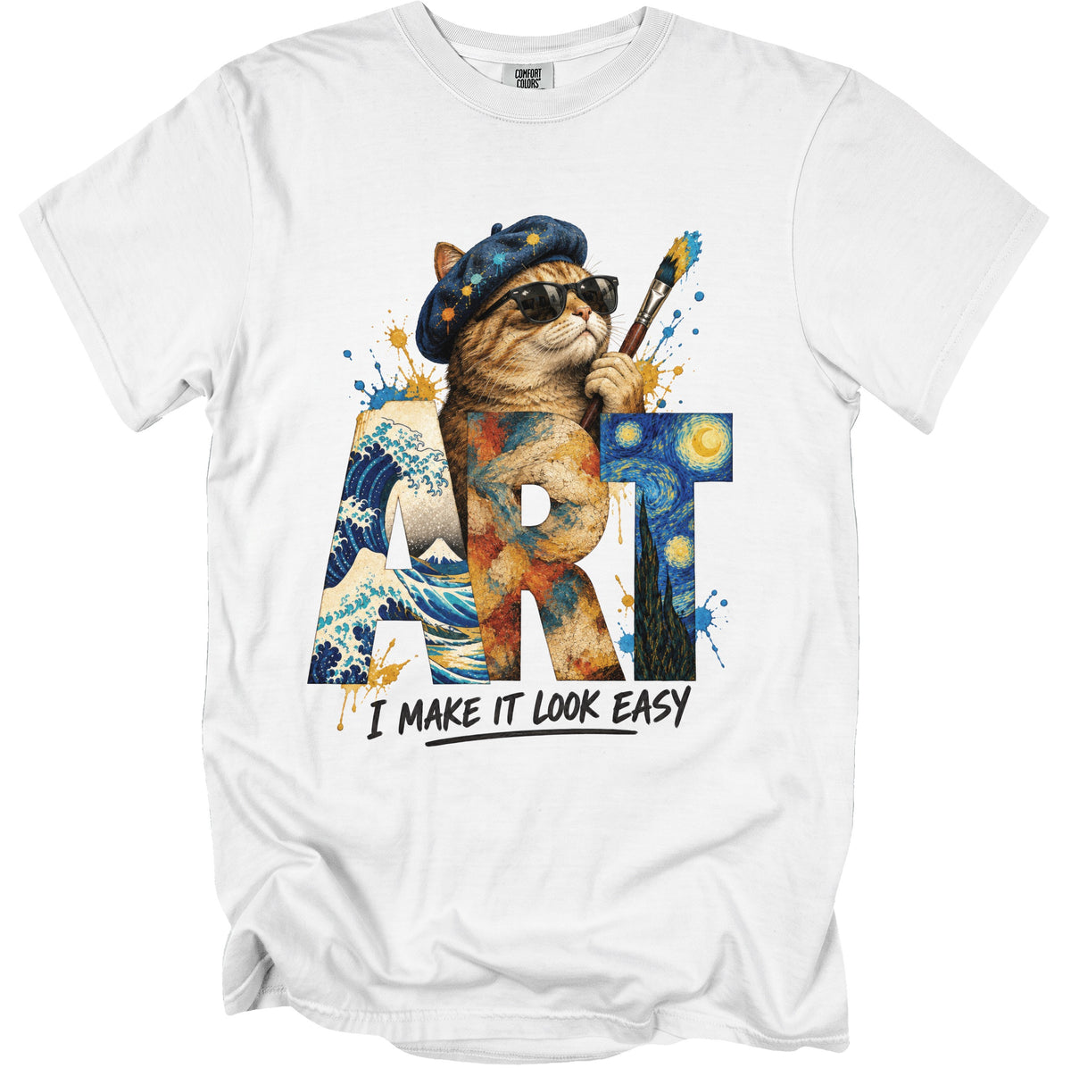 Cat artist wearing beret and sunglasses holds paintbrush in front of large ART letters.