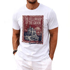 The Fellowship of the Groom graphic on a white t-shirt with castle and mountains.