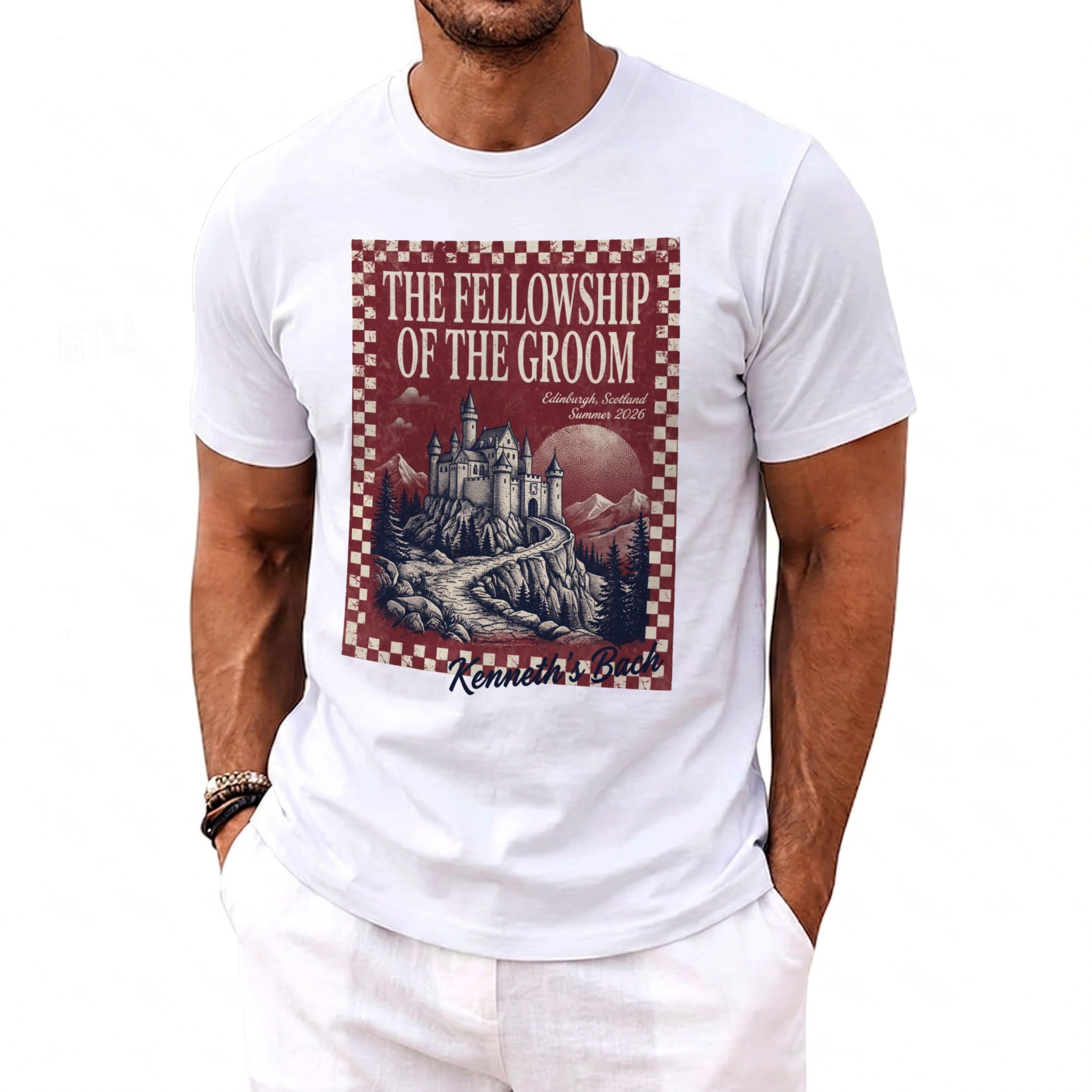 The Fellowship of the Groom graphic on a white t-shirt with castle and mountains.