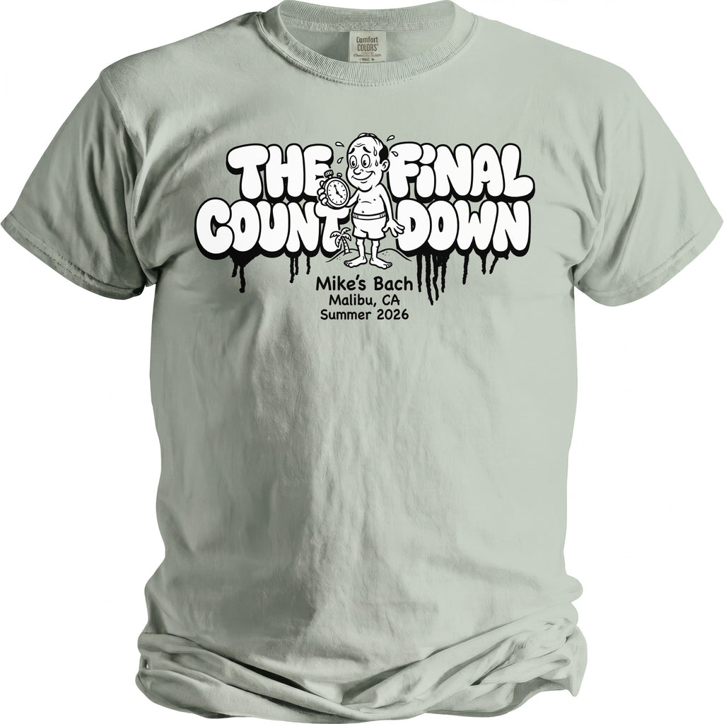 Light green t-shirt with "The Final Count Down" text and a cartoon man holding a stopwatch.