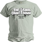 Light green t-shirt with "The Final Count Down" text and a cartoon man holding a stopwatch.