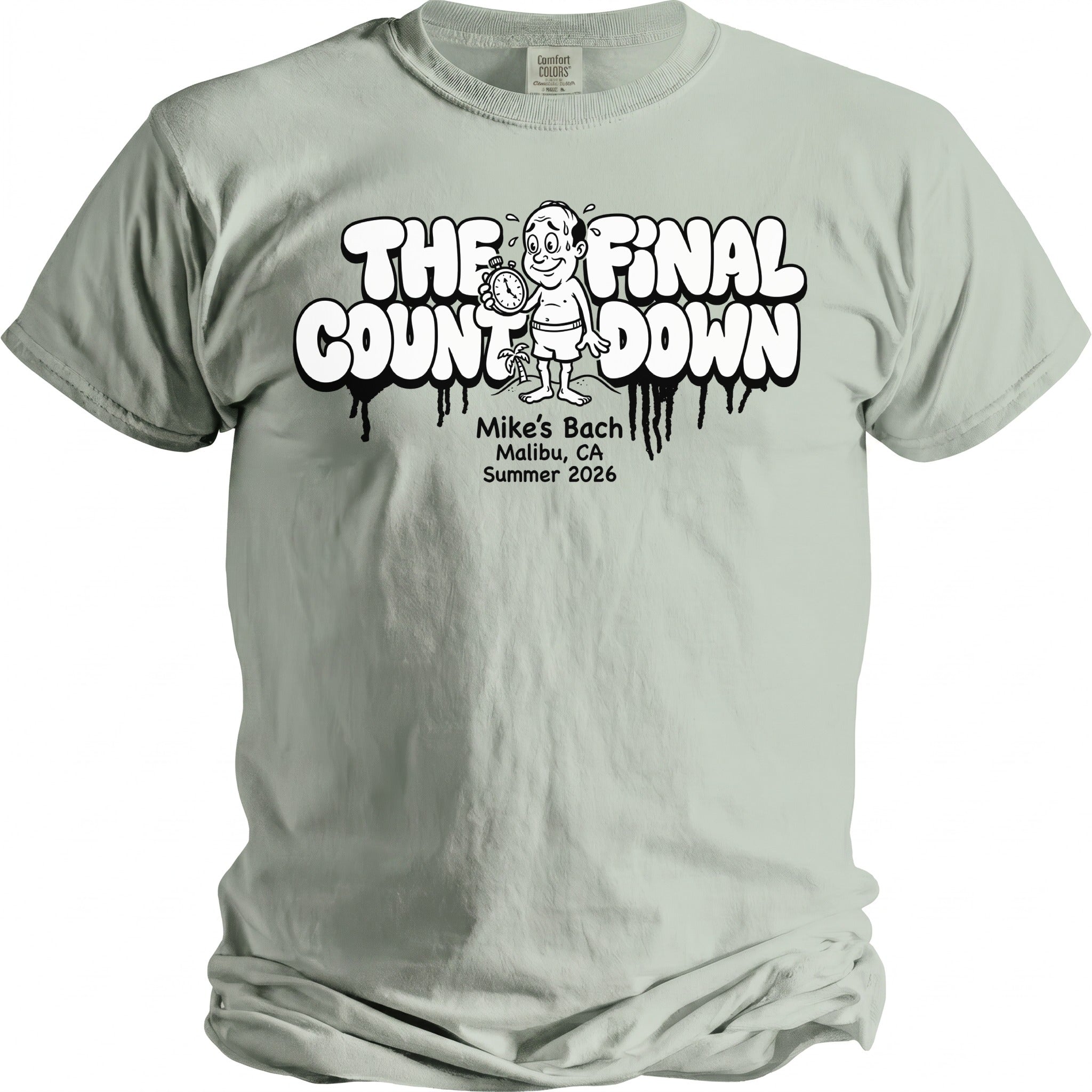 Light green t-shirt with "The Final Count Down" text and a cartoon man holding a stopwatch.