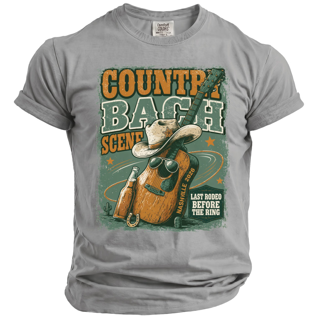 Country Bash Scene graphic with guitar, cowboy hat, sunglasses, and bottle on a t-shirt.