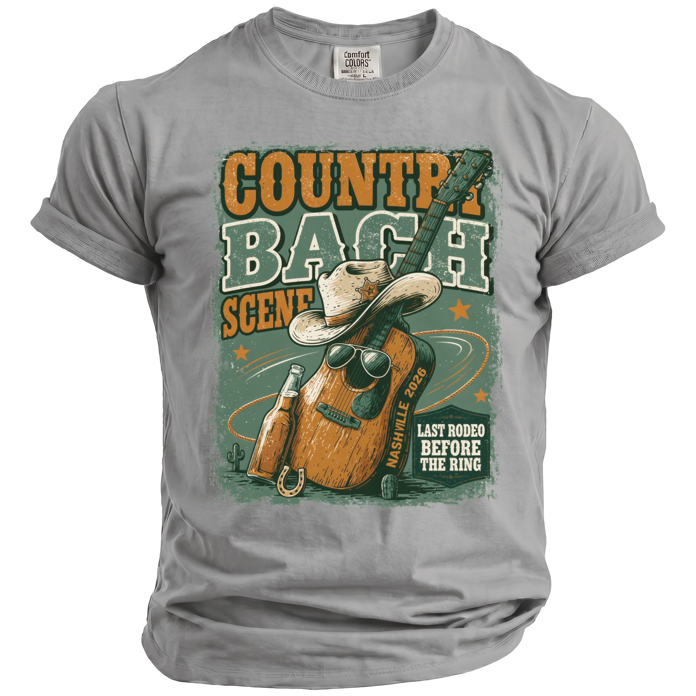 Country Bash Scene graphic with guitar, cowboy hat, sunglasses, and bottle on a t-shirt.