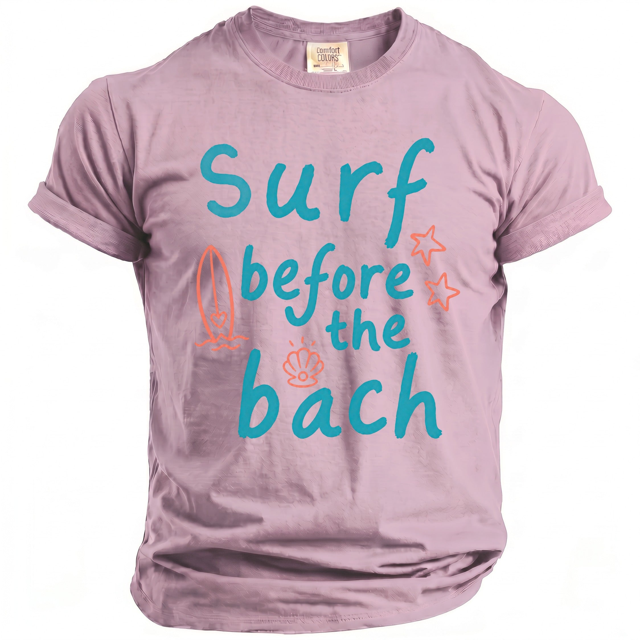 Pink t-shirt with turquoise text "surf before the bach" and beach graphics.