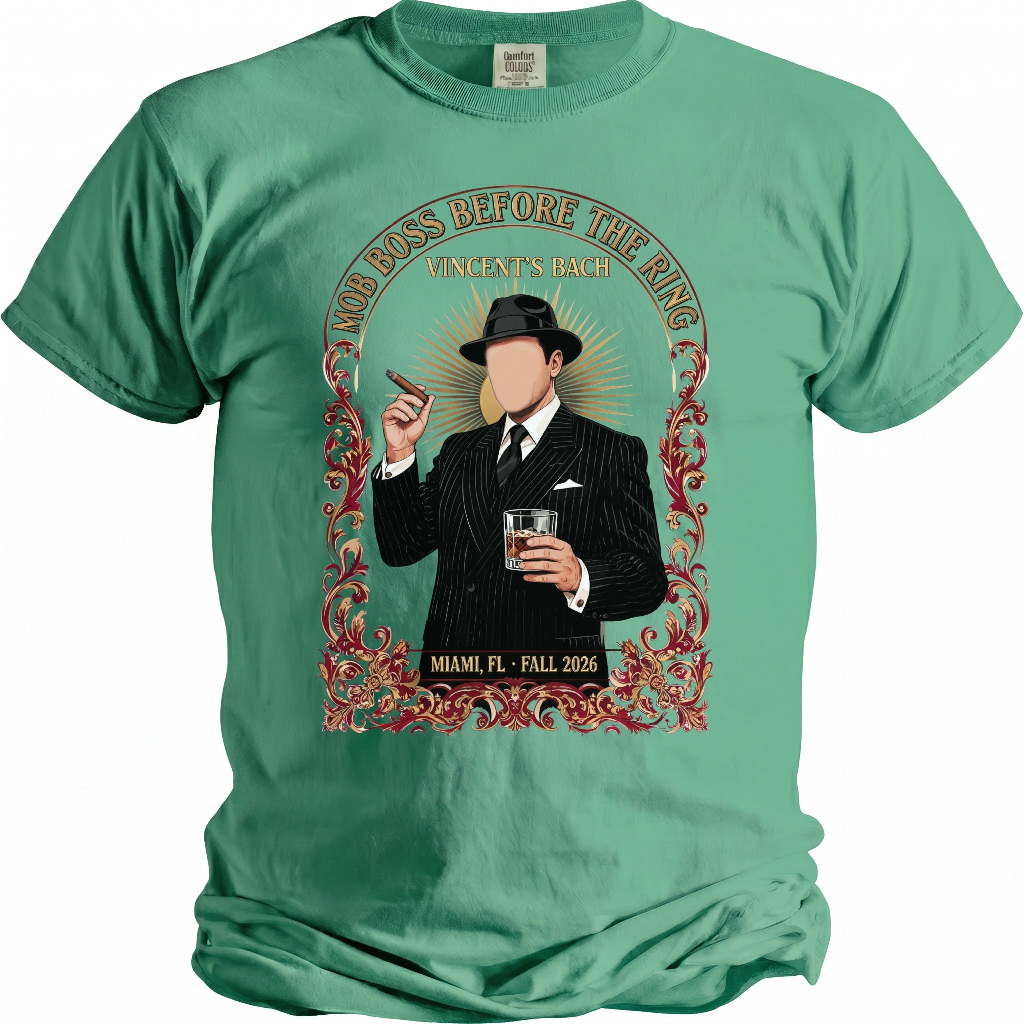 Green t-shirt with a mob boss graphic featuring text "MOB BOSS BEFORE THE RING VINCENT'S BACH MIAMI, FL FALL 2026".