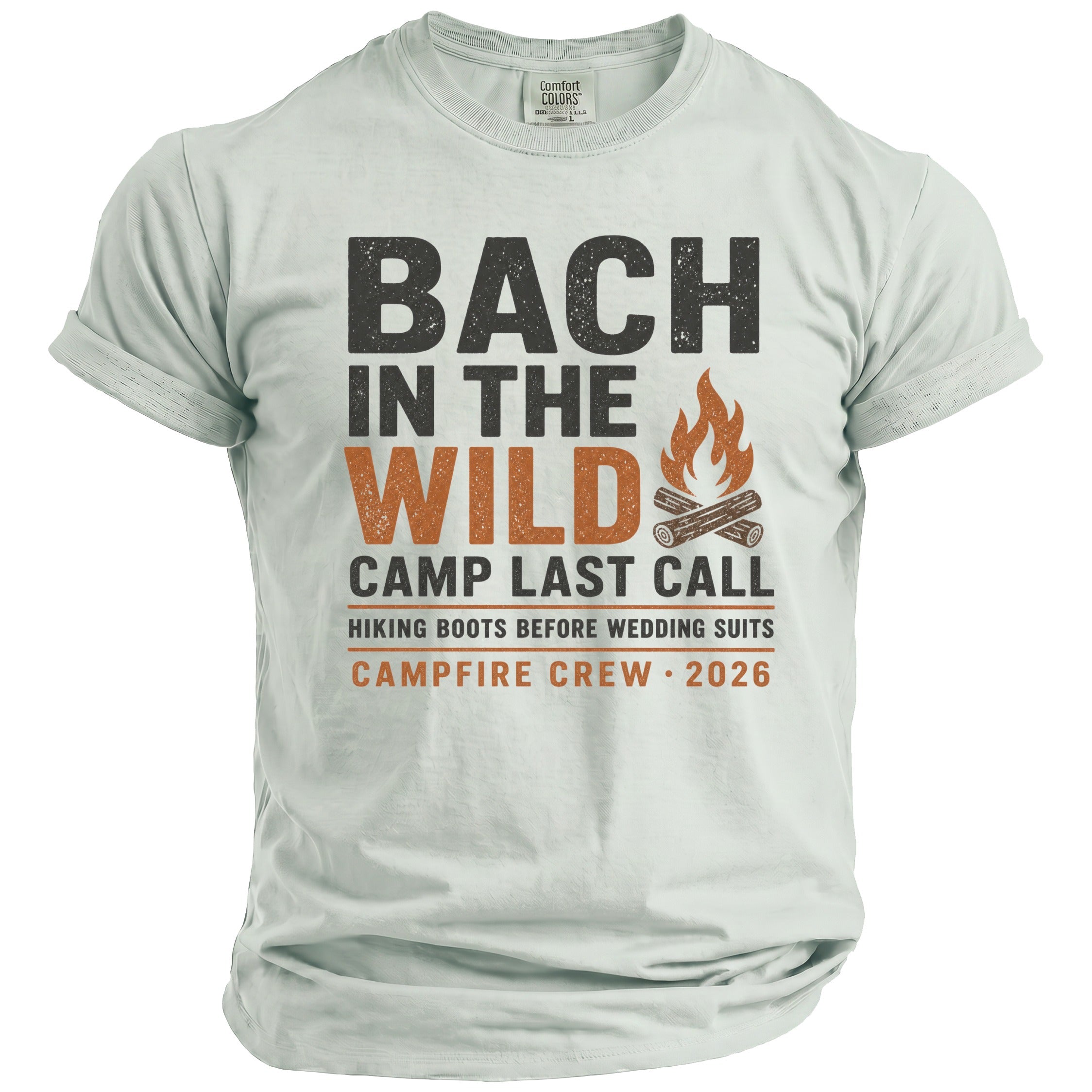 Light blue t-shirt with "BACH IN THE WILD CAMP LAST CALL" text and campfire graphic.
