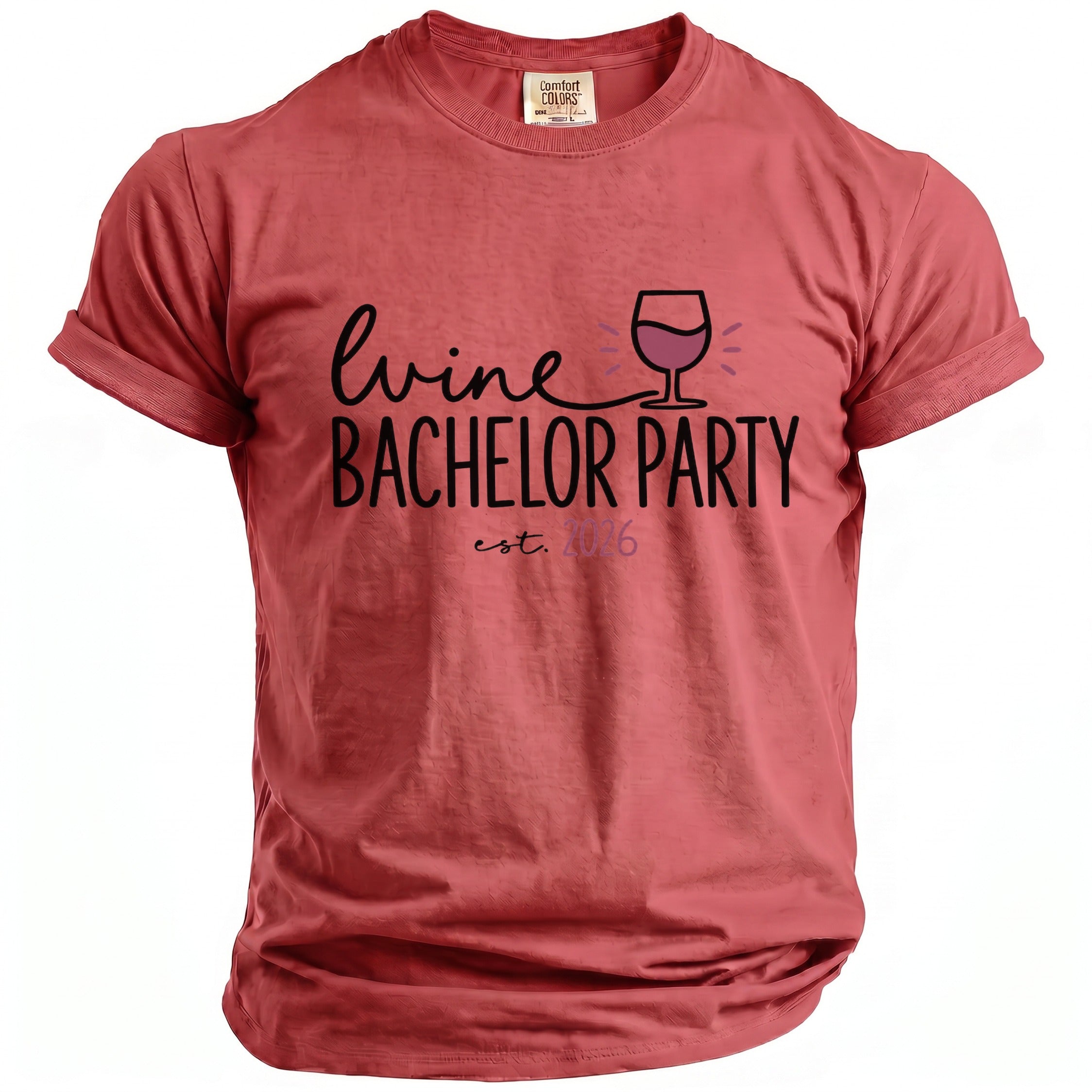 Coral t-shirt with "Wine Bachelor Party est. 2026" graphic and wine glass.