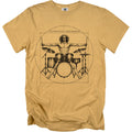 Vitruvian Drummer graphic on a tan t-shirt with Comfort Colors label.