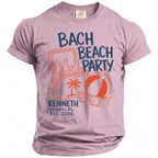 Lilac t-shirt with "BACH BEACH PARTY" graphic, cooler, beach ball, and glasses.