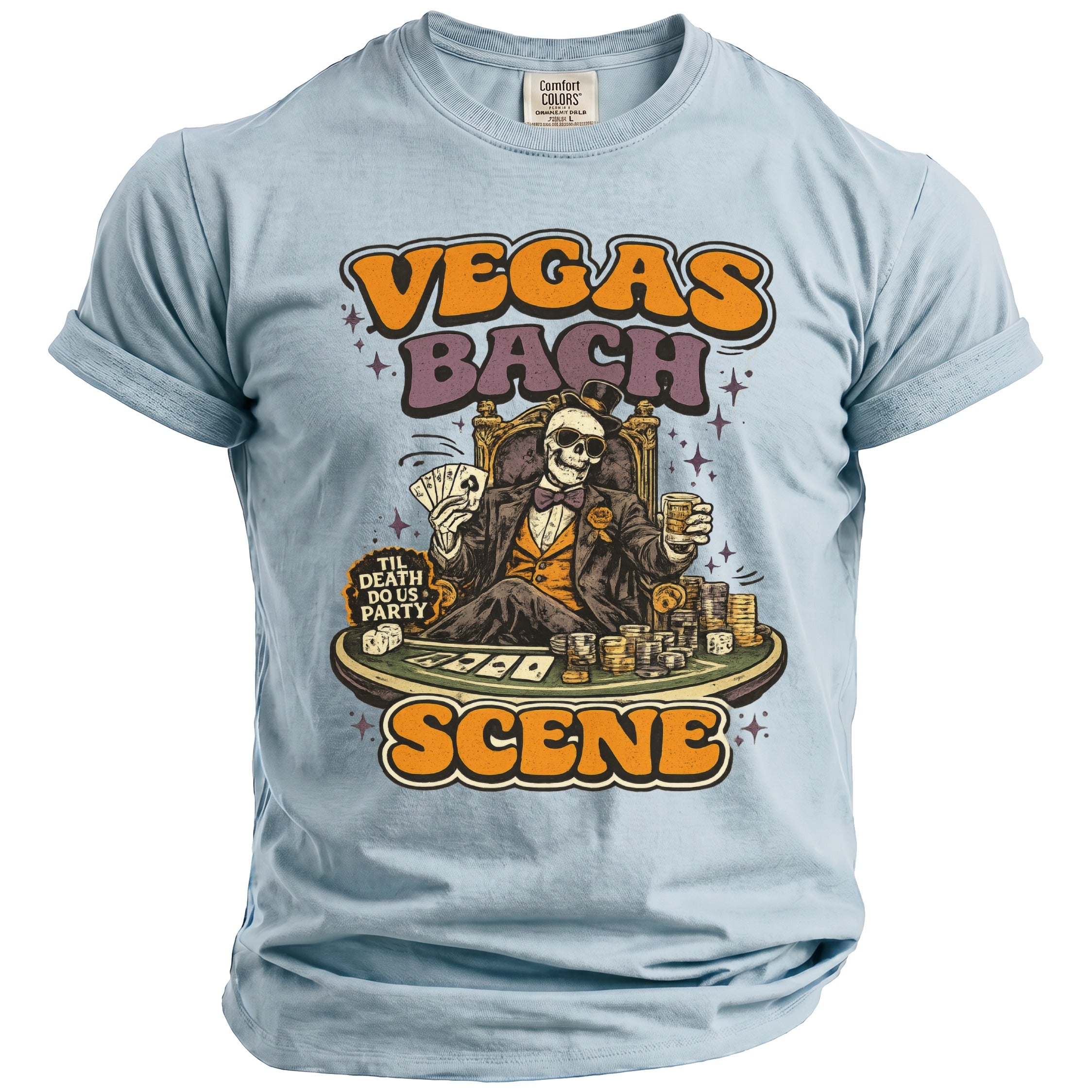 Light blue t-shirt with skeleton playing poker, reads "Vegas Bach Scene".