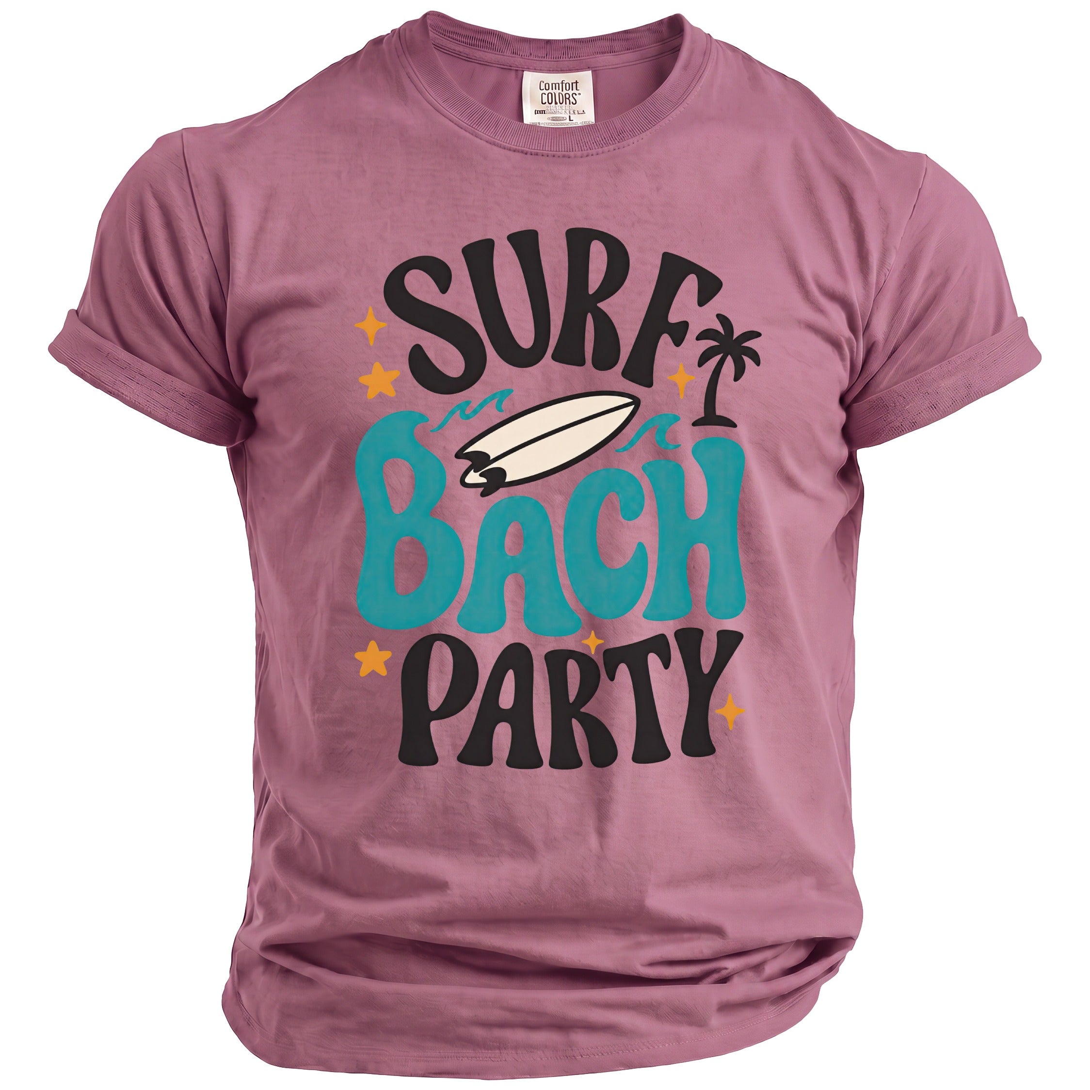 Mauve t-shirt with "SURF BACH PARTY" text, surfboard, palm tree, and stars.