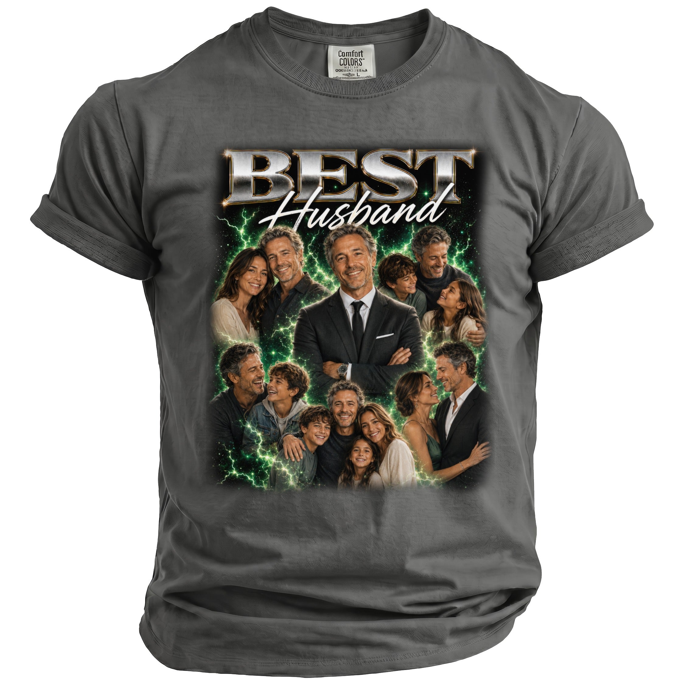 T-shirt with "BEST Husband" text and a collage of family photos against a green lightning background.