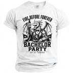 White t-shirt featuring a dragon raising a beer bottle with text "Fire Before Forever Bachelor Party".