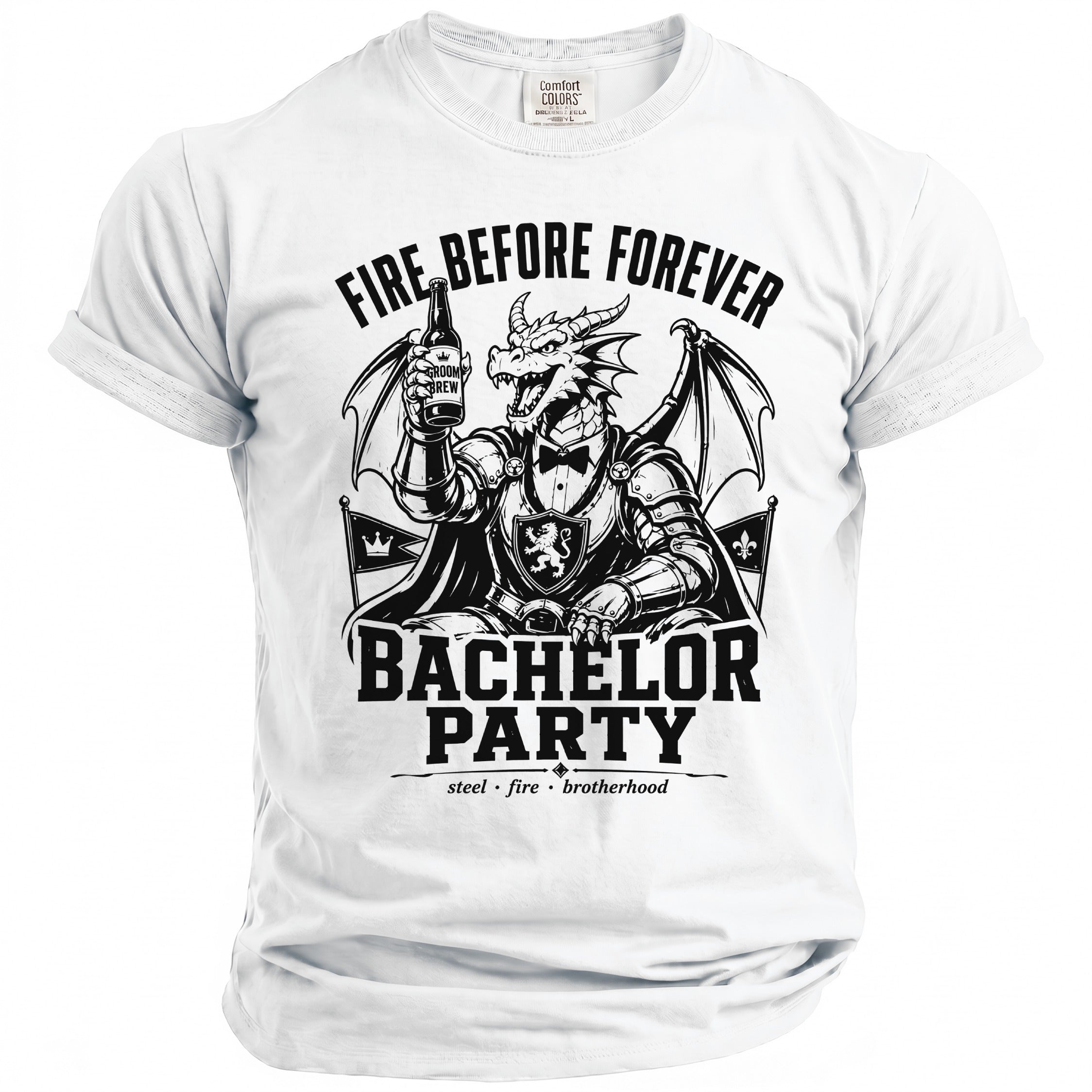 White t-shirt featuring a dragon raising a beer bottle with text "Fire Before Forever Bachelor Party".