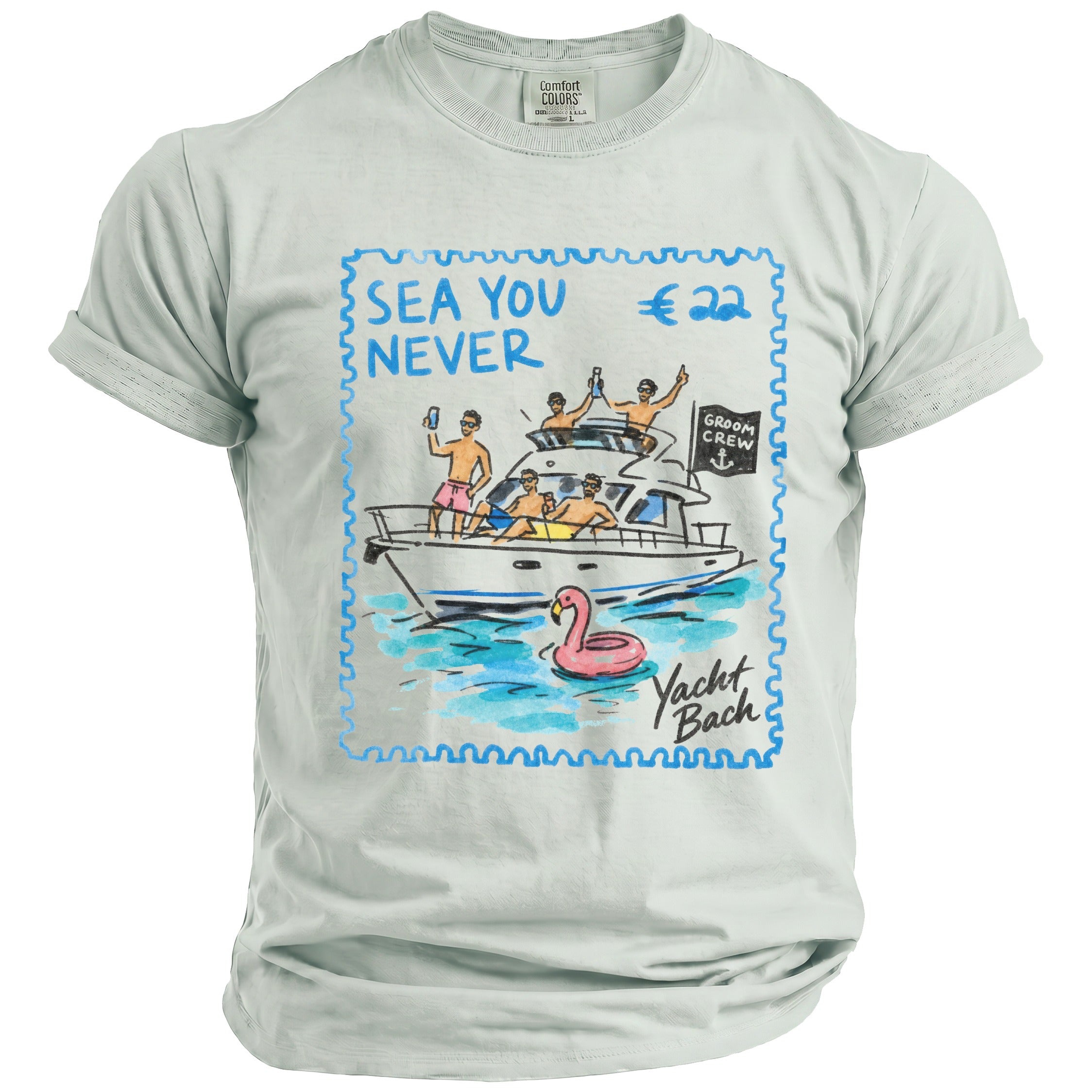 T-shirt with "Sea You Never" and "Yacht Bach" text, featuring men on a yacht.