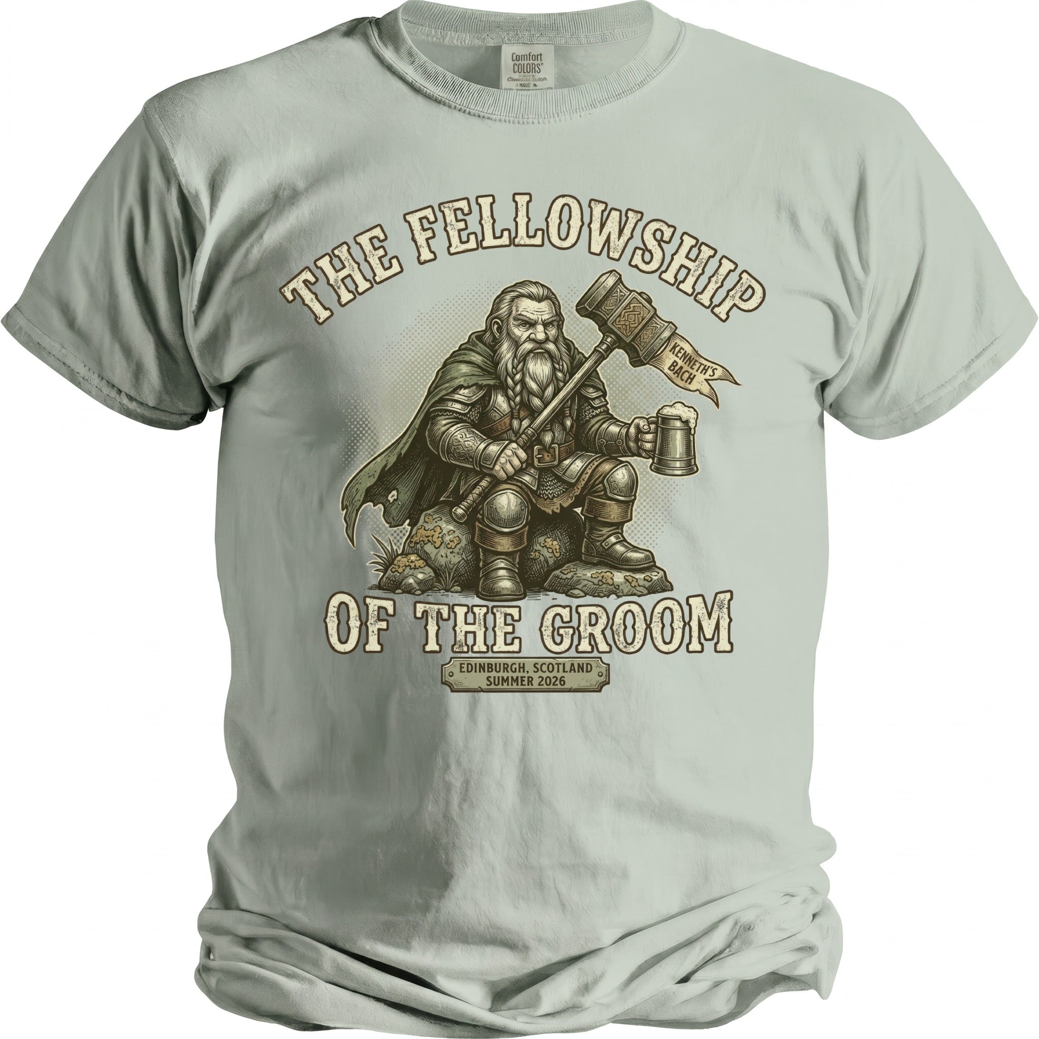 The Fellowship Of The Groom with a dwarf holding a hammer and beer mug.