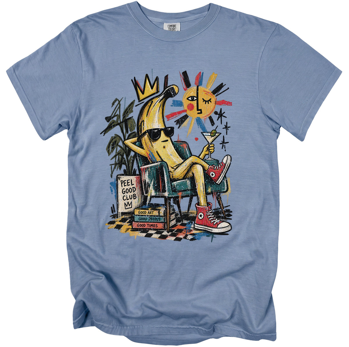 T-shirt with graphic of a banana wearing sunglasses, holding a martini.