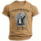 T-shirt with skeleton in tuxedo holding drink, "Til Death Do Us Party," Mike's Bach, Salem, MA.