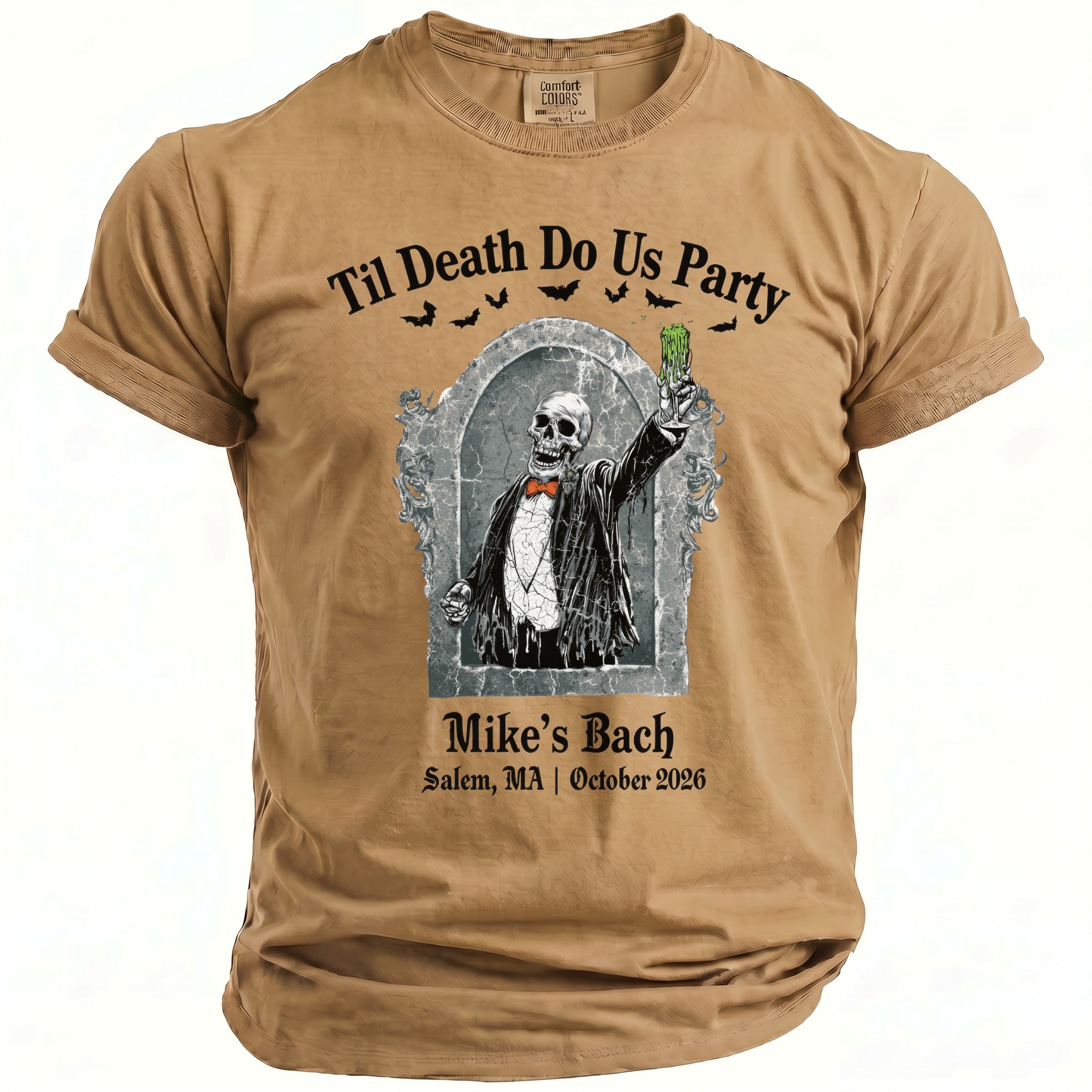 T-shirt with skeleton in tuxedo holding drink, "Til Death Do Us Party," Mike's Bach, Salem, MA.