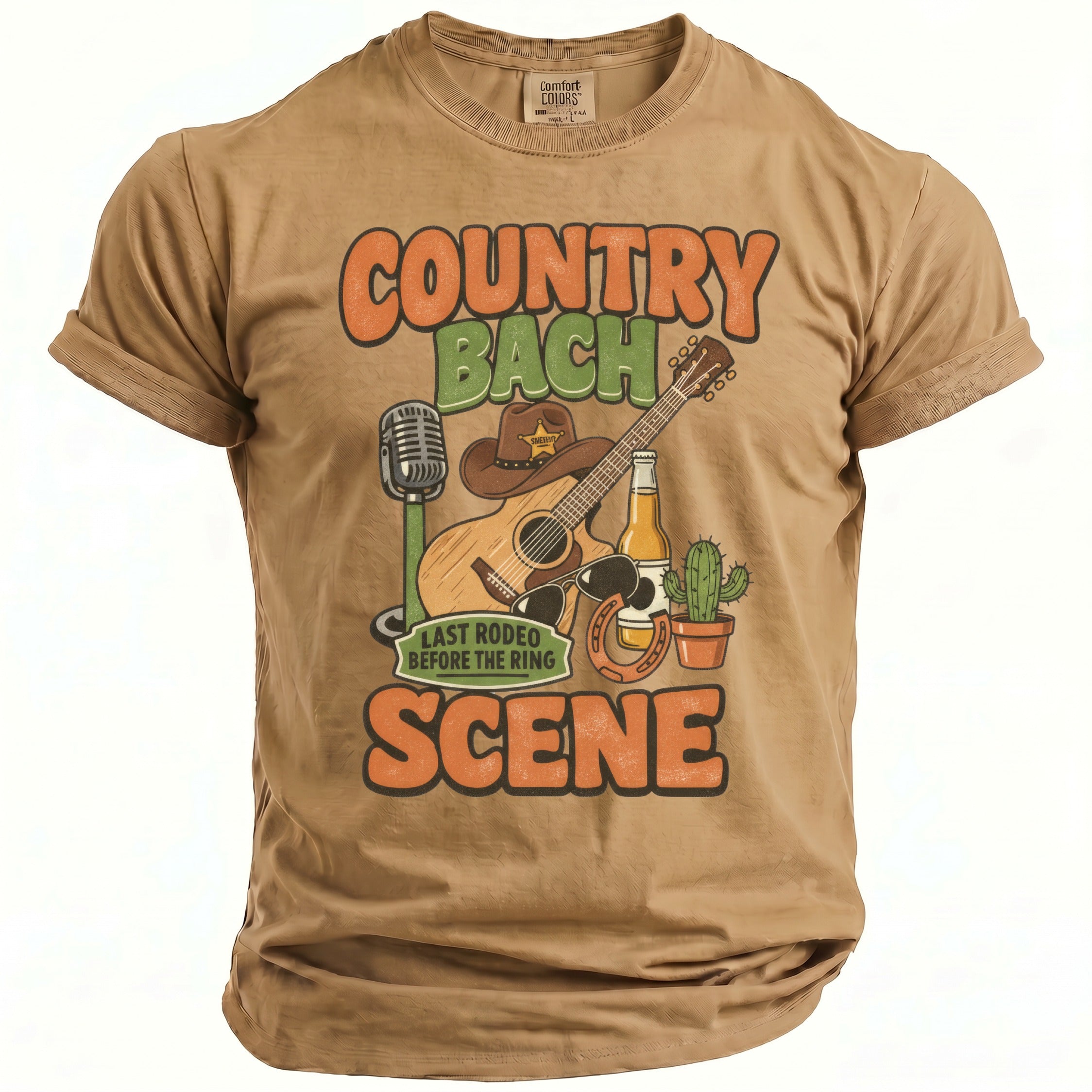 T-shirt graphic: "Country Bach Last Rodeo Before the Ring Scene" with Western elements.