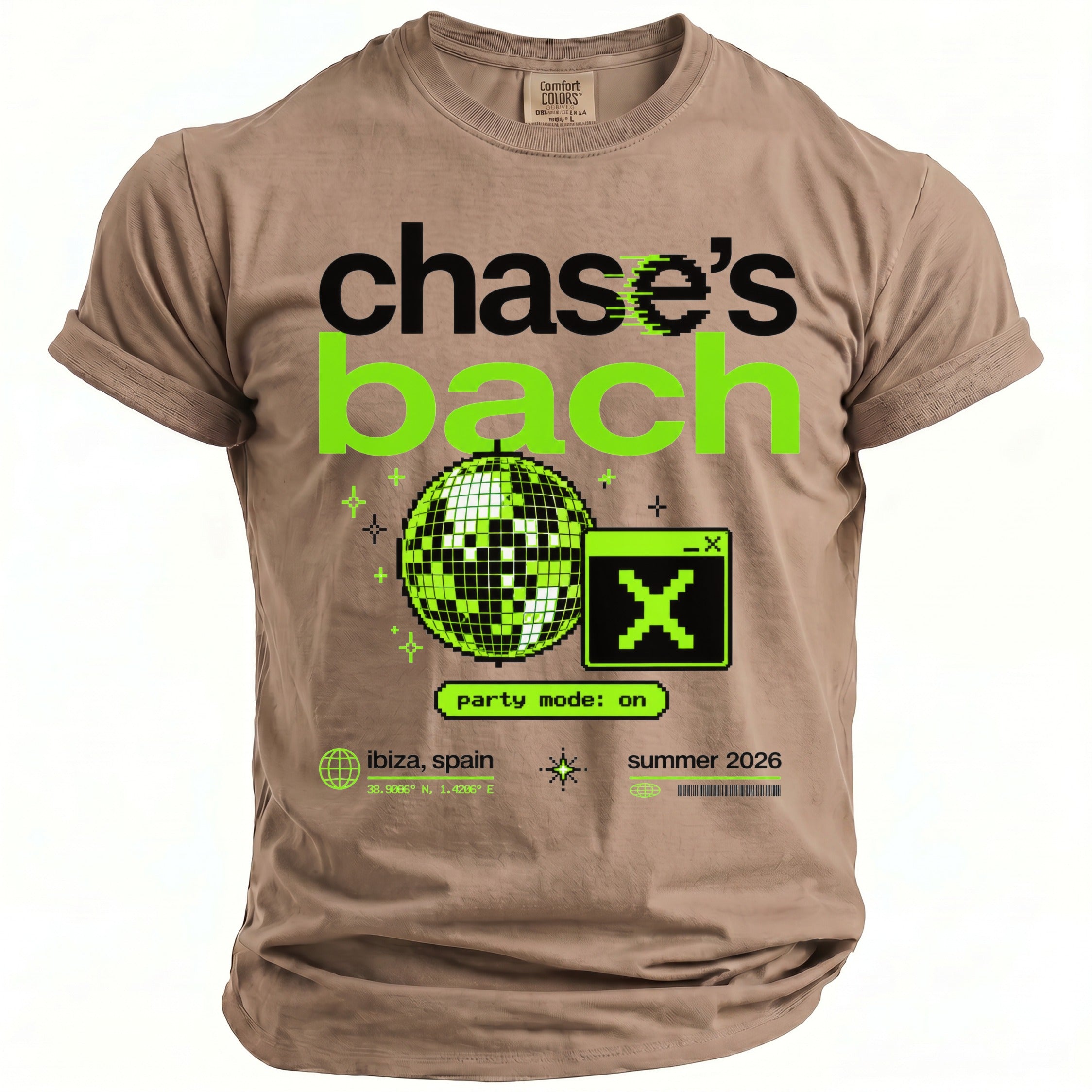 Chase's Bach shirt with disco ball, pixelated X, and Ibiza, Spain, summer 2026.