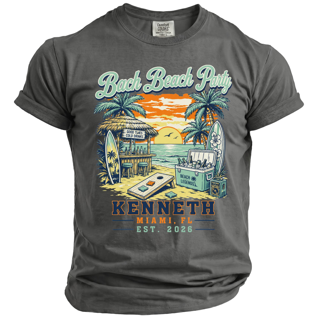 Beach scene with "Bach Beach Party" text, "Kenneth Miami, FL Est. 2026".