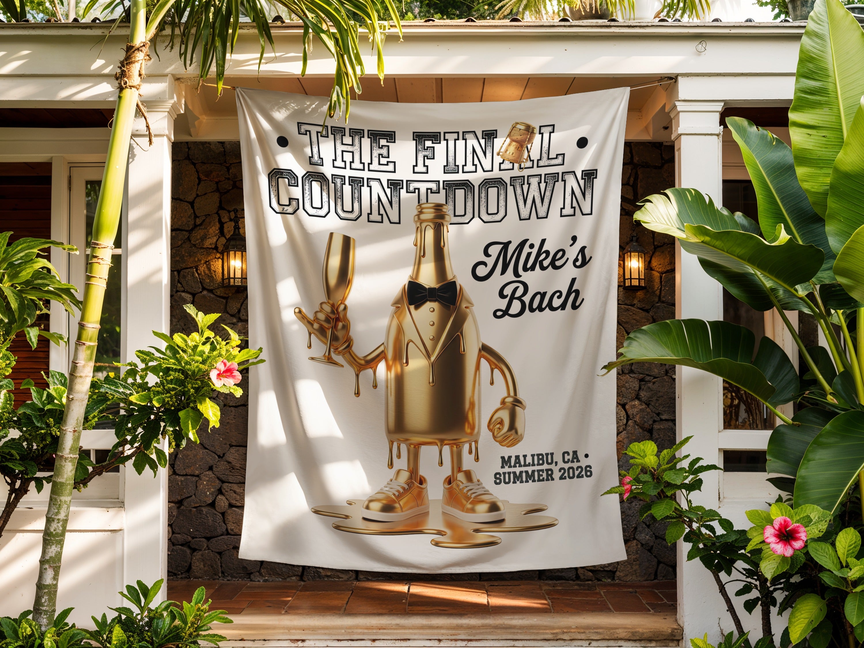 "The Final Countdown" banner with a cartoon champagne bottle, "Mike's Bach", Malibu, CA, Summer 2026.