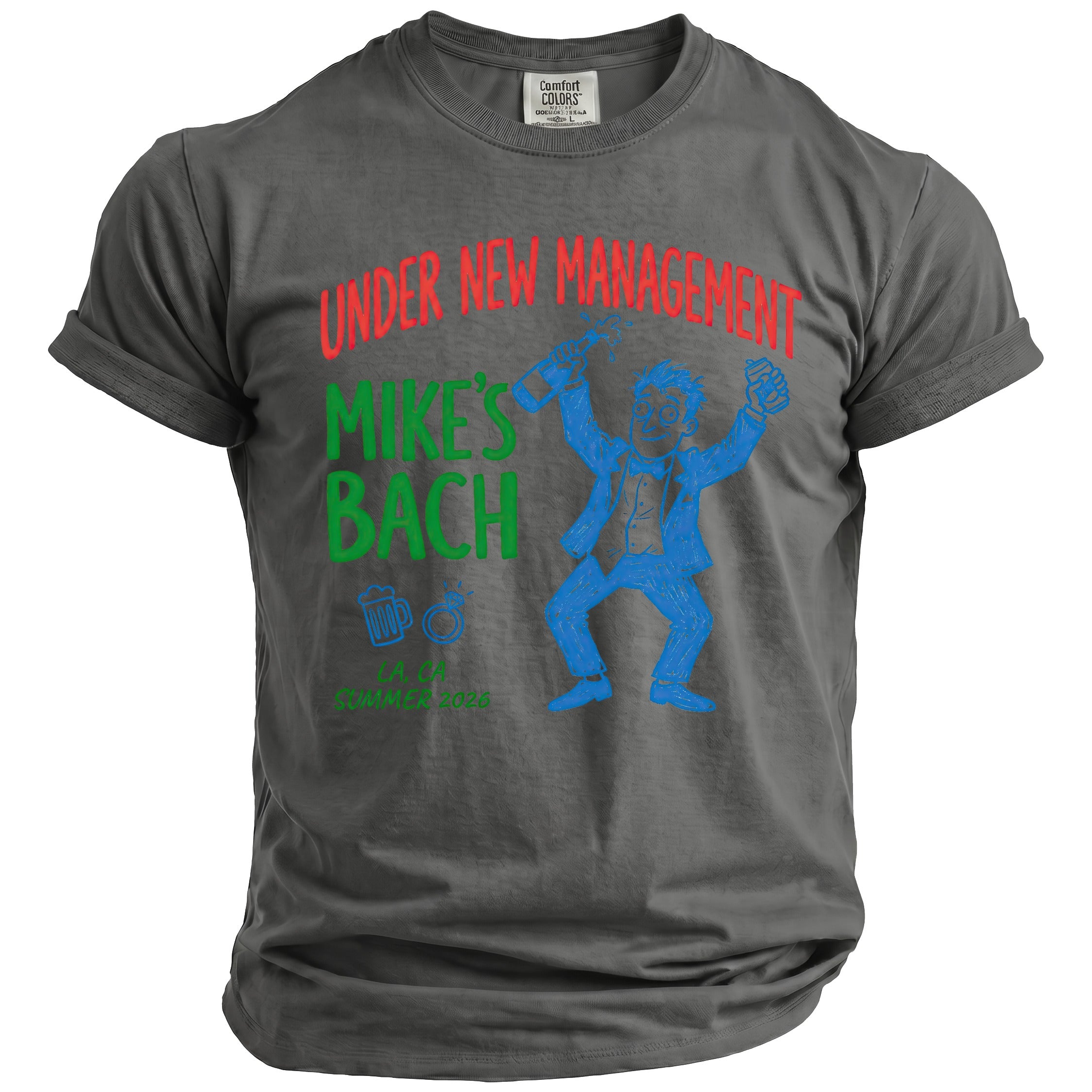 Shirt with "UNDER NEW MANAGEMENT MIKE'S BACH" and cartoon man.