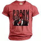 Red t-shirt with a black graphic of a devil in a suit and "CRoom" text.