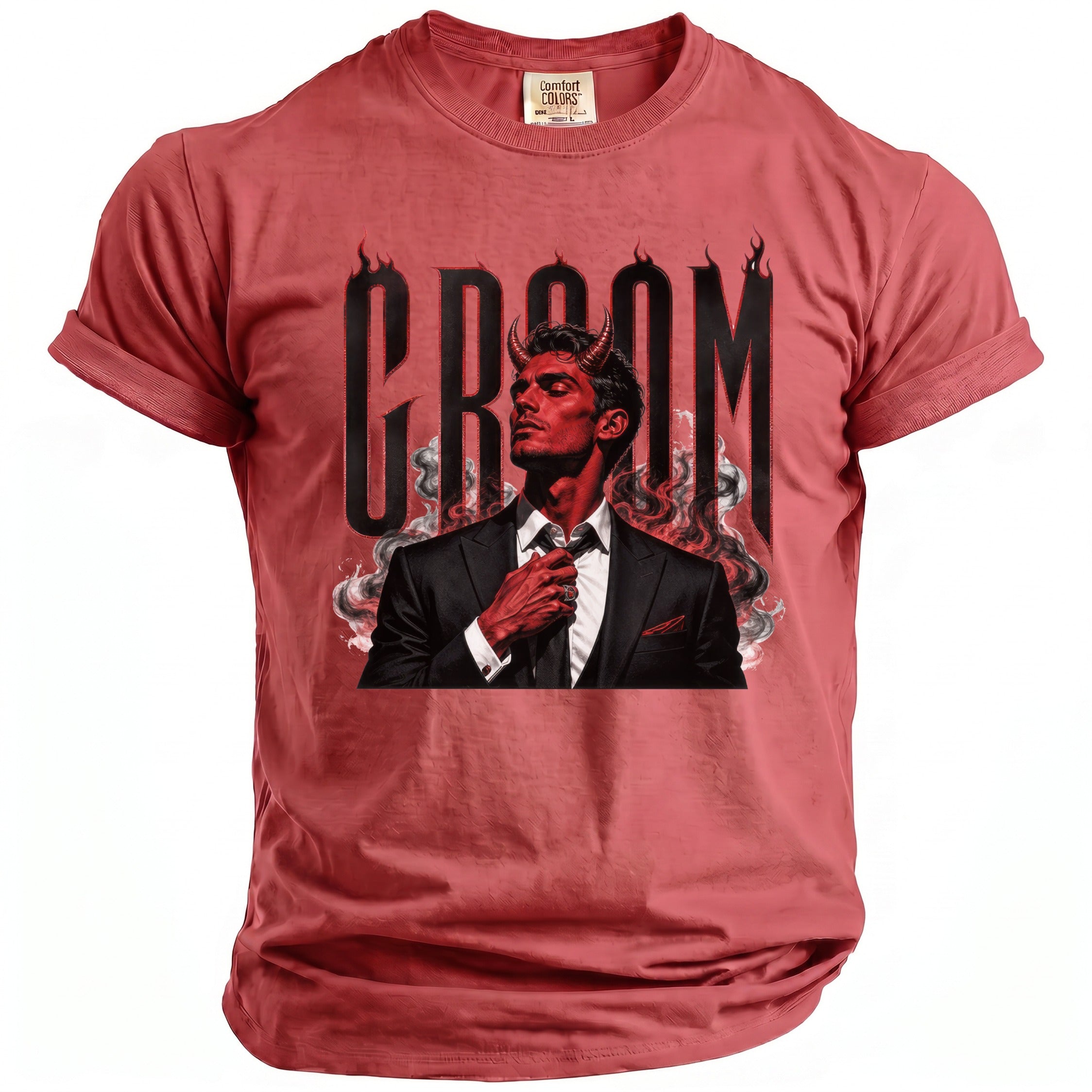Red t-shirt with a black graphic of a devil in a suit and "CRoom" text.