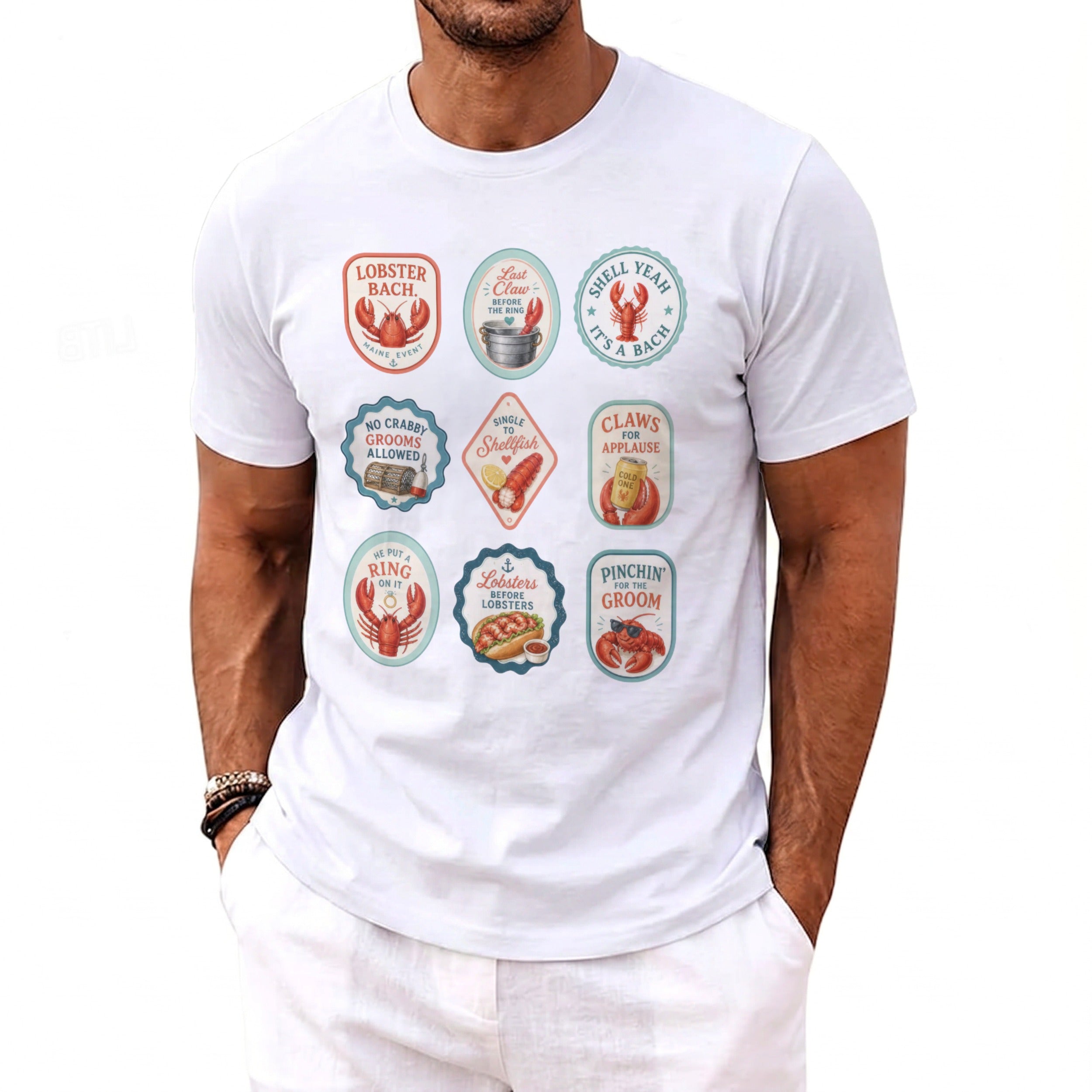 White t-shirt featuring a graphic of nine lobster-themed badges with humorous text.