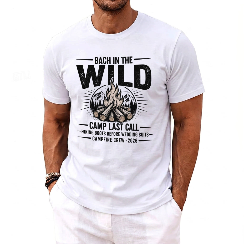 White t-shirt with "Bach in the Wild Camp Last Call" graphic.