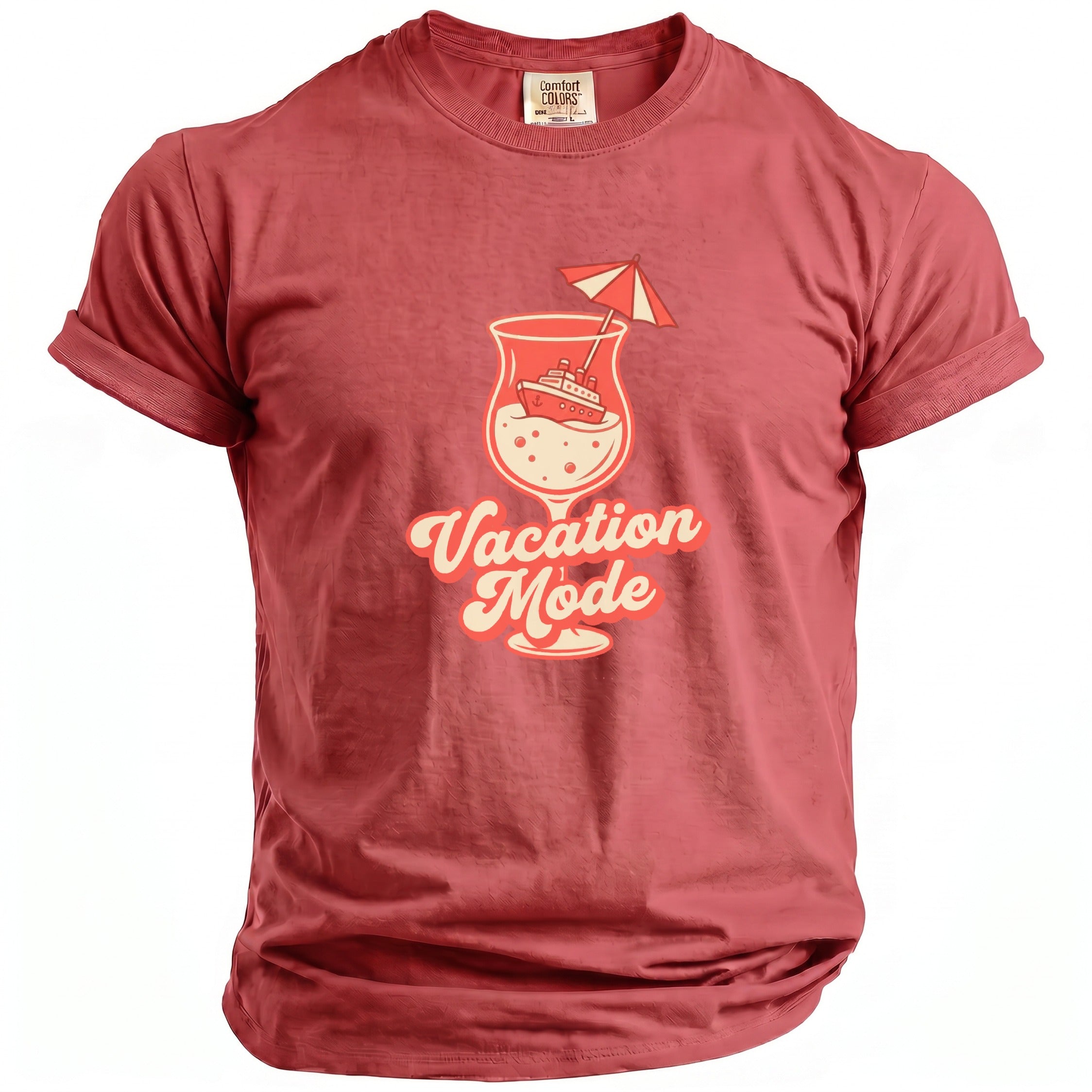 Red t-shirt with vacation mode graphic of a cocktail glass, cruise ship, and umbrella.