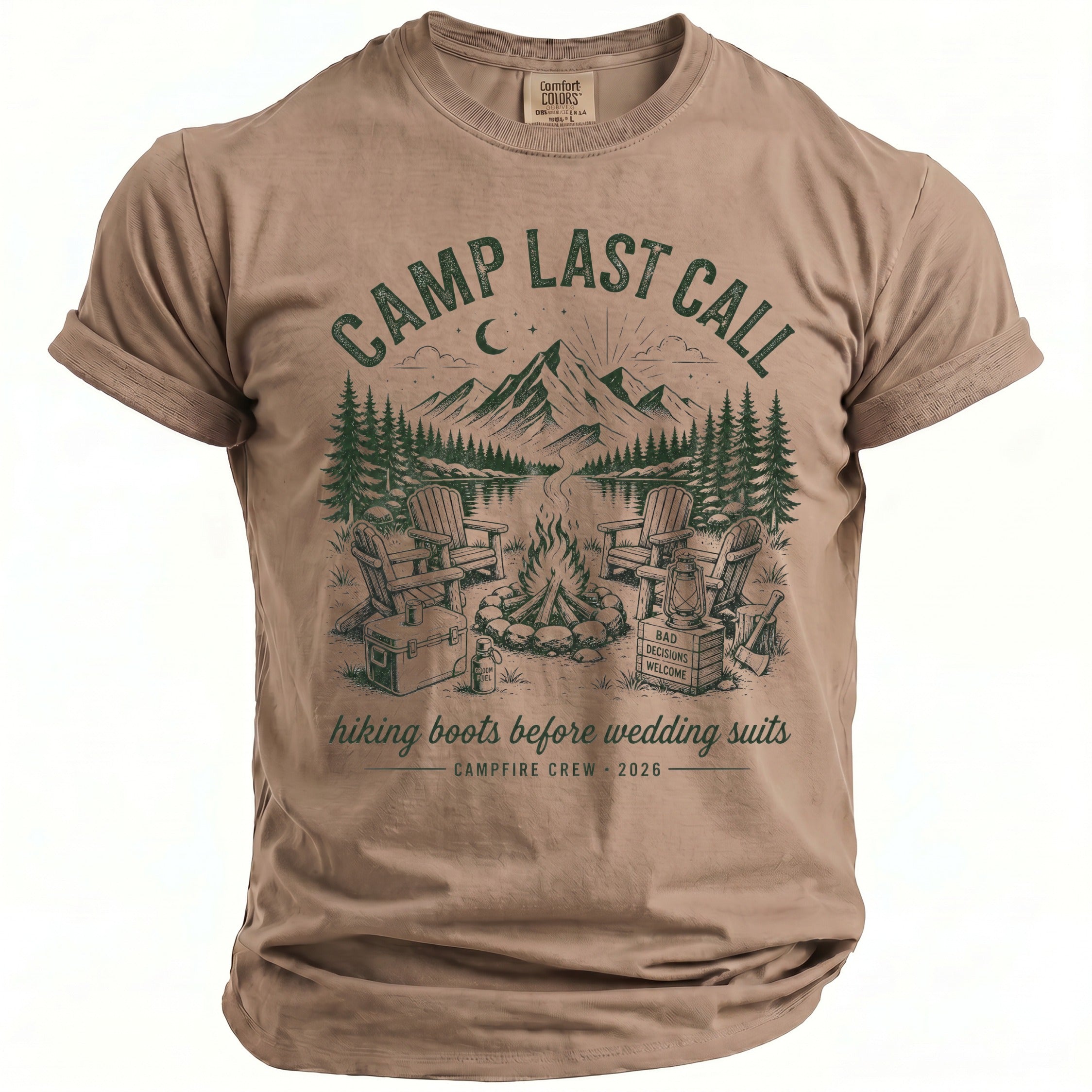 Brown t-shirt with "CAMP LAST CALL" graphic depicting a campfire scene.
