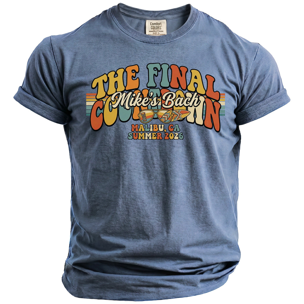 Blue t-shirt with "The Final Countdown Mike's Bach Malibu, CA Summer 2026" graphic.