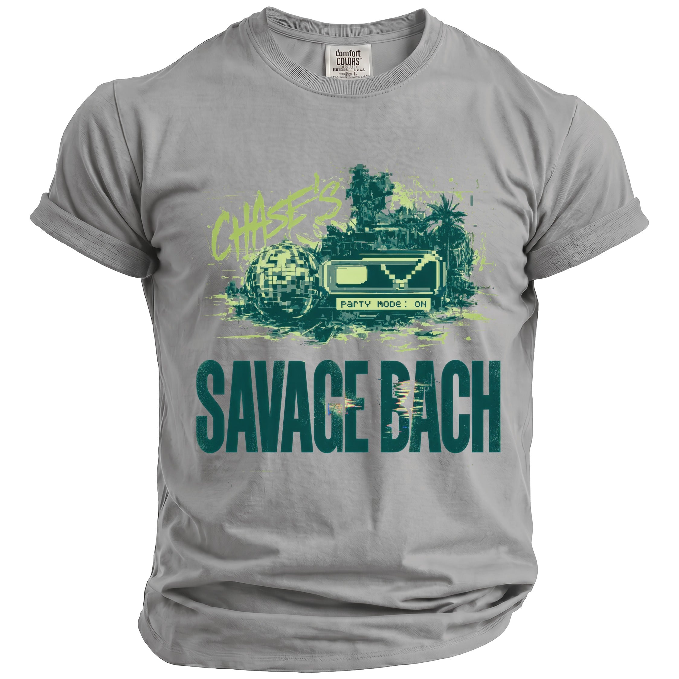 Grey t-shirt with "CHASE'S" and "SAVAGE BACH" text and a disco ball graphic.