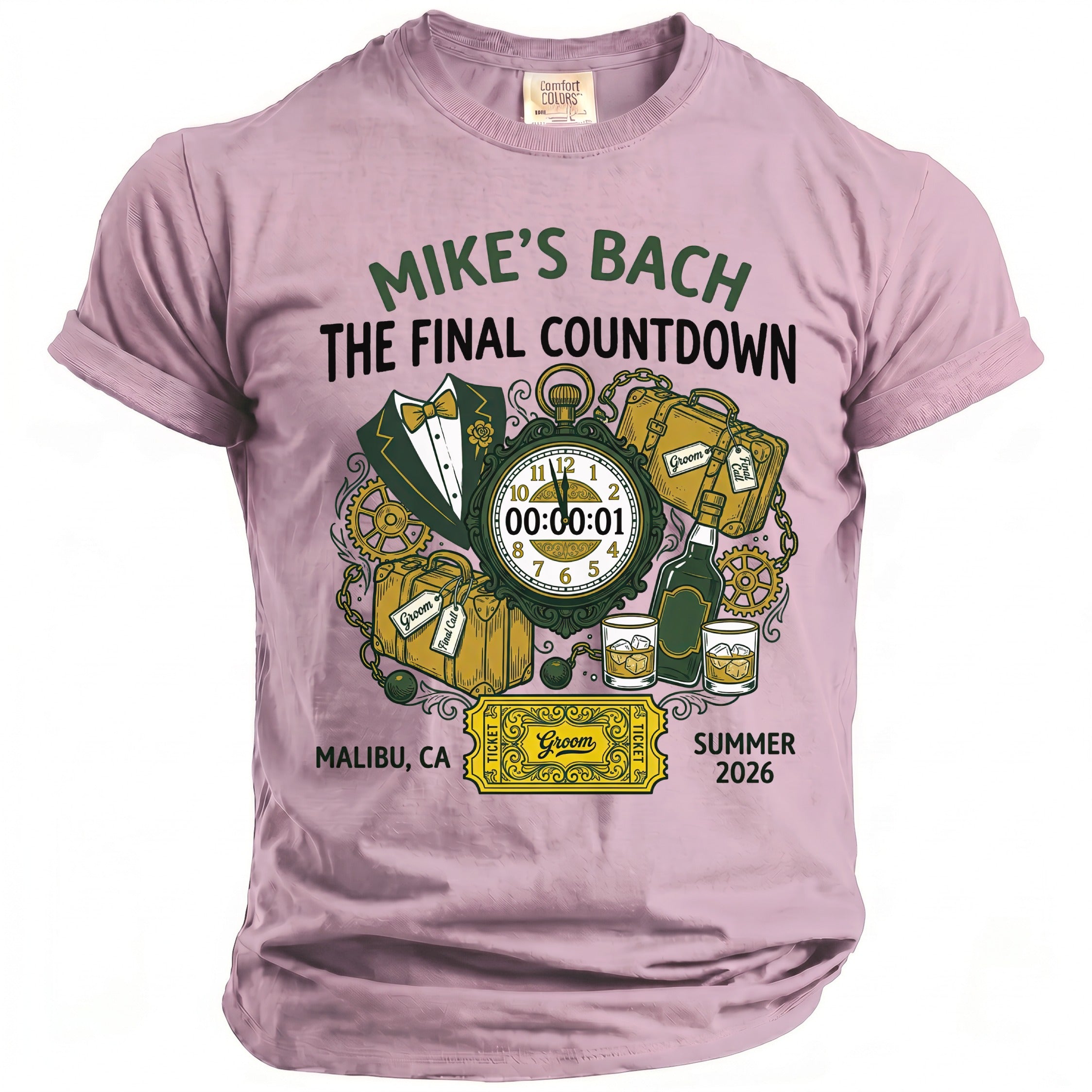 Mike's Bach the Final Countdown t-shirt with bachelor party elements.
