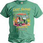 Green t-shirt with "Last Swing Before the Ring," Kenneth, Miami FL, Est. 2026, and golf cart graphic.