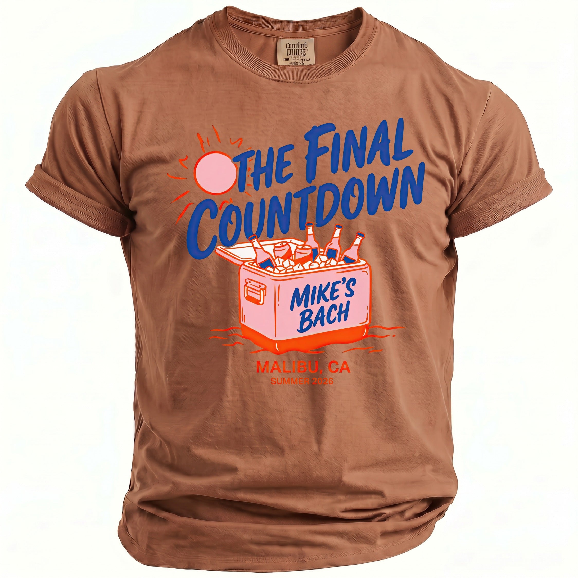 Brown t-shirt featuring a graphic with cooler, drinks, and text "The Final Countdown".
