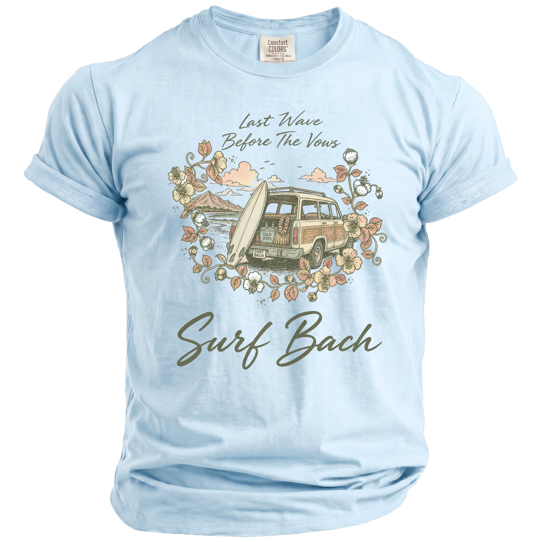 Light blue Comfort Colors t-shirt with "Last Wave Before The Vows" and "Surf Bach" graphics.