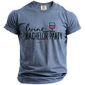 Blue t-shirt with "Wine Bachelor Party est. 2026" text and wine glass graphic.