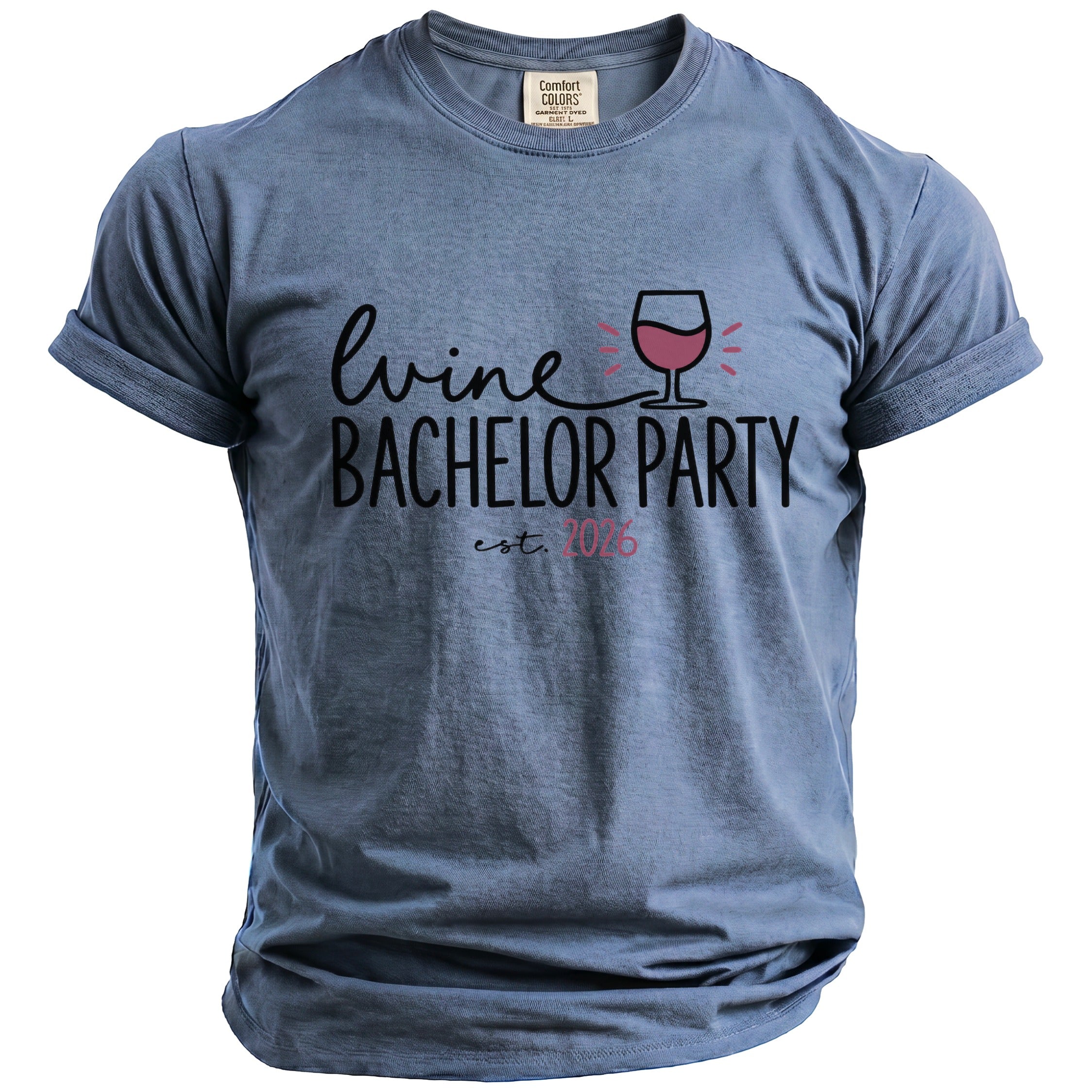 Blue t-shirt with "Wine Bachelor Party est. 2026" text and wine glass graphic.