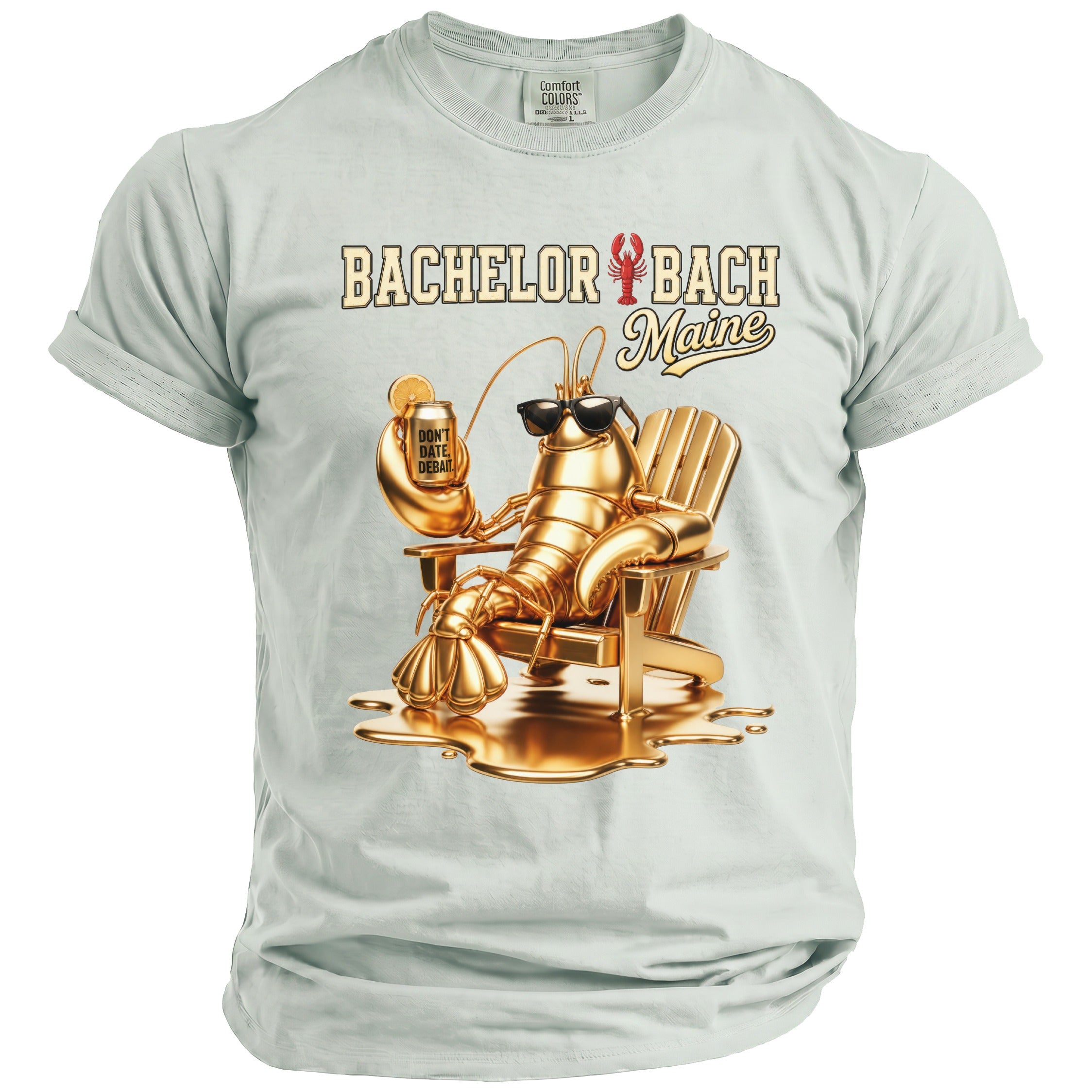 T-shirt graphic: Golden lobster in Adirondack chair with drink, "Bachelor Bach Maine" text.