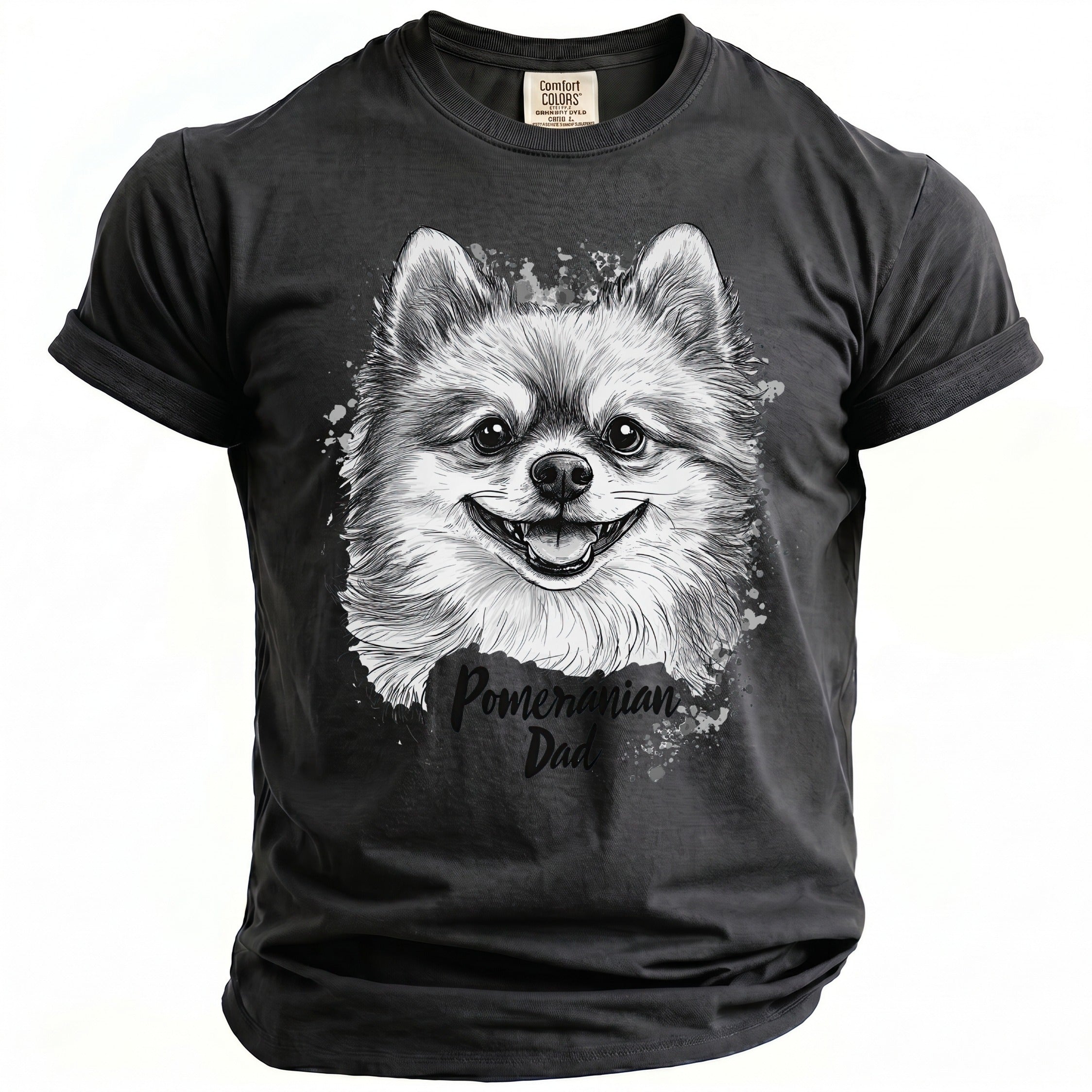 Dark grey t-shirt with a black and white sketch of a smiling Pomeranian and "Pomeranian Dad" text.