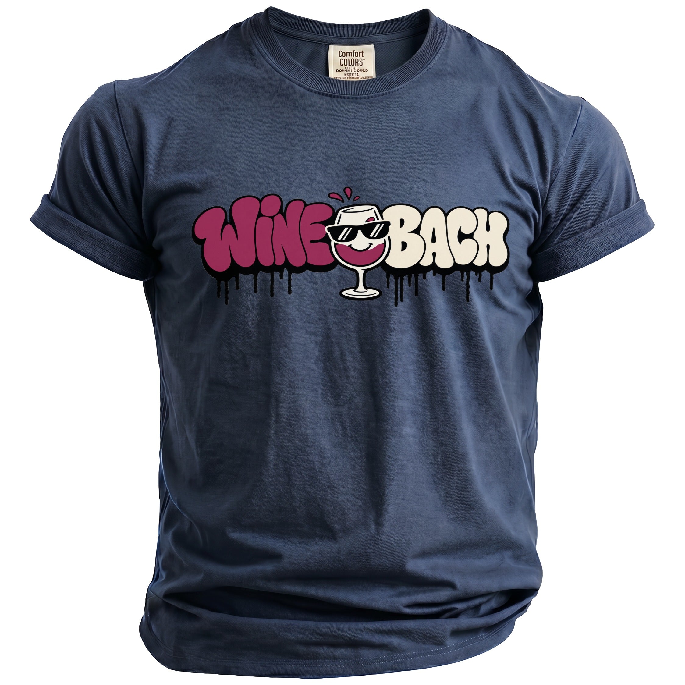 Navy t-shirt with "Wine Bach" graphic featuring a wine glass.
