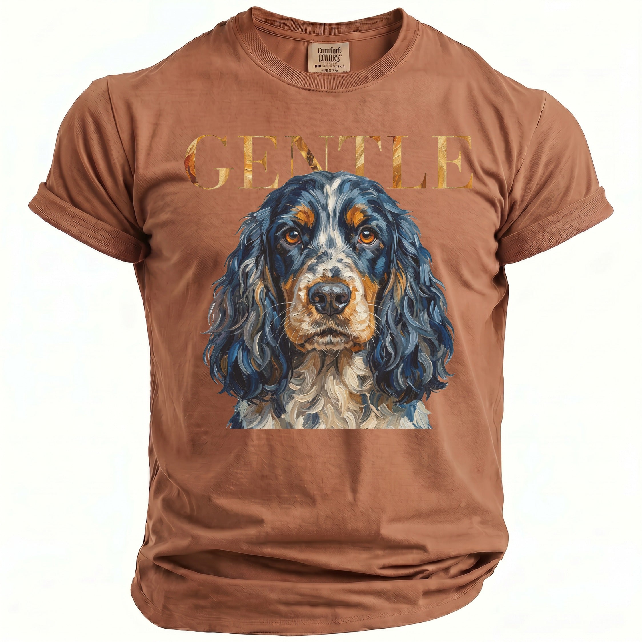 Brown t-shirt with "GENTLE" text and a watercolor dog portrait.