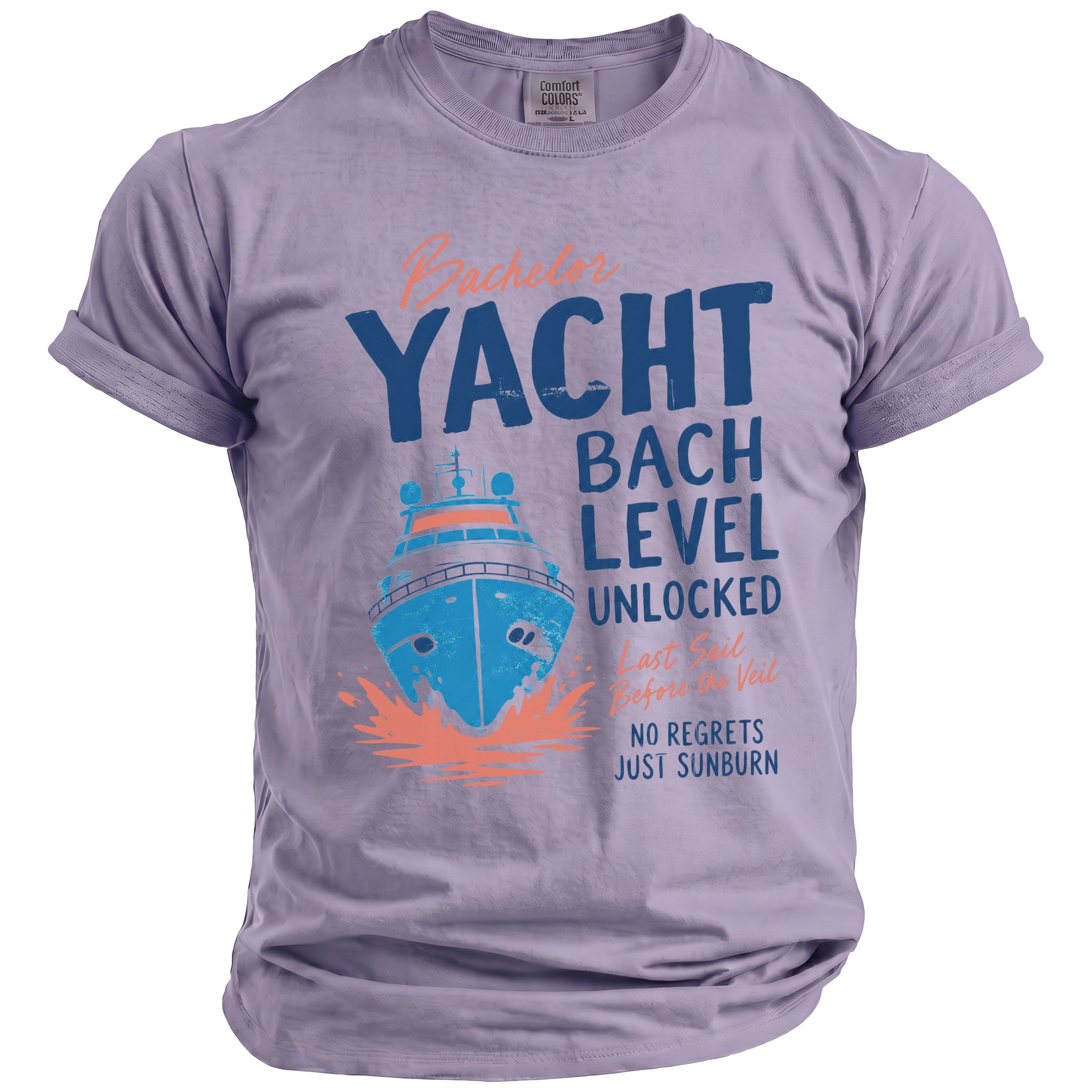 Purple t-shirt with "Bachelor Yacht Bach Level Unlocked" graphic and a yacht.